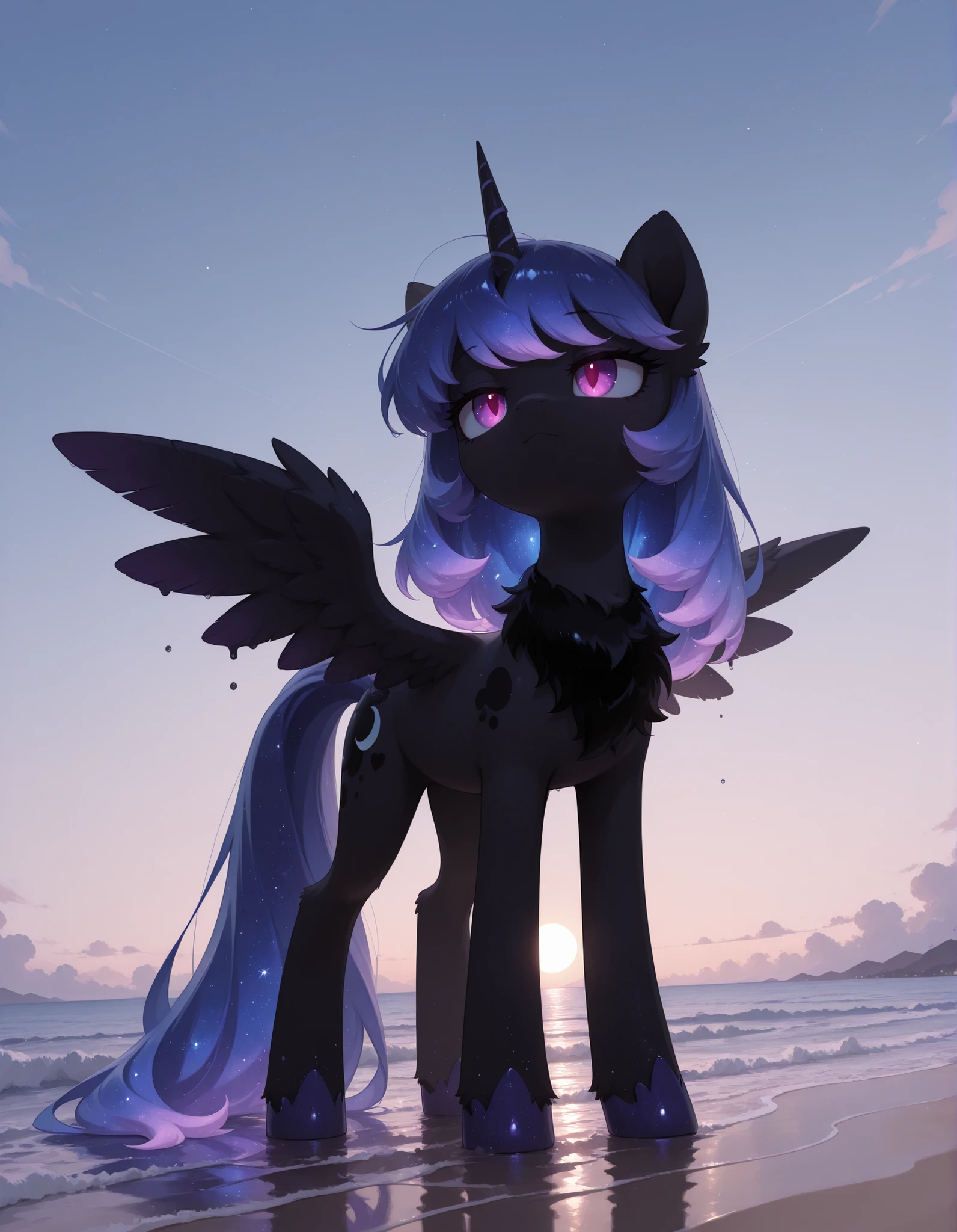 (Noxmauve:1.3),, masterpiece, best quality, amazing quality, very aesthetic, absurdres, newest, solo,
1girl, feral, feral pony, Woona, S1 Luna, Luna from Season 1 of My Little Pony, Young Luna, alicorn, horn, wings, (masterpiece), best quality, anime, simple background, (beach), melting, detailed, cosmic print, glowing hair, constellations, water, (mlp), ((eyes_in_darkness)), glowing eyes, slit eyes, little pony, friendship is magic, quadruped