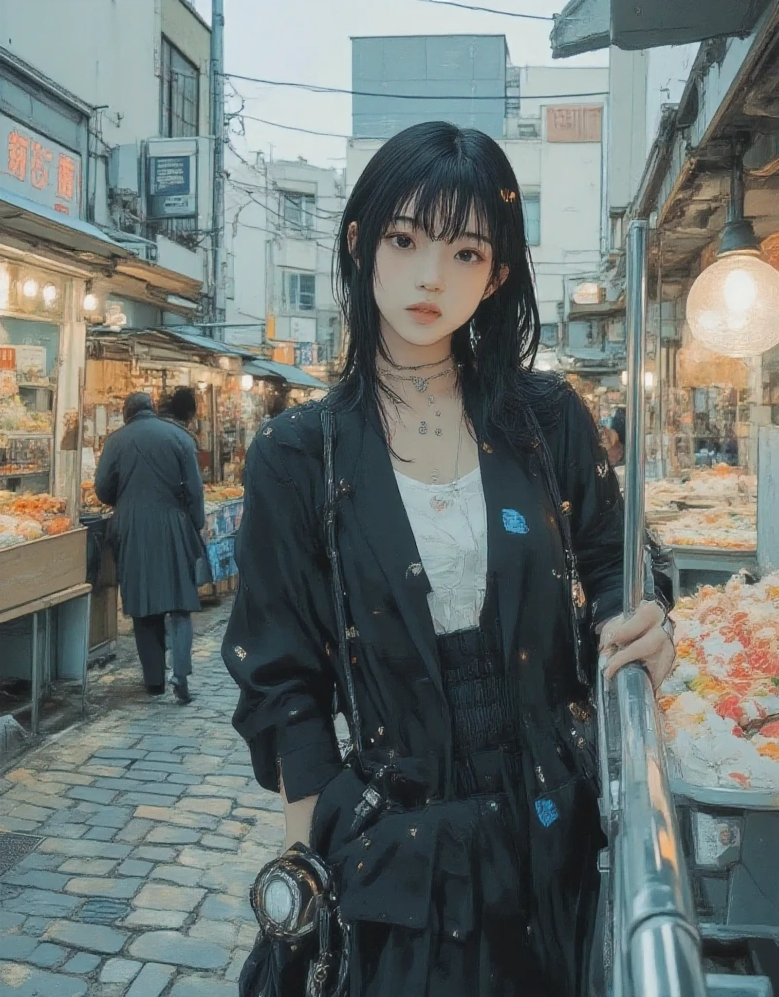 vivid, very detailed, award-winning illustration, Professional. womanhood, womanhood with elegant and natural makeup watching a stray cat at the flower market, Black eyed gothic lolly, , Full body depiction of a womanhood, wide angle, beautiful, fantasy shot with Nikon Z7 II mirrorless camera. Hyper-realistic, masterpiece, high resolution skin riding on a handrail. The cobblestone streets of Paris after the rain were dazzling. flower market scene with lots of flowers. some shoppers were blurry.