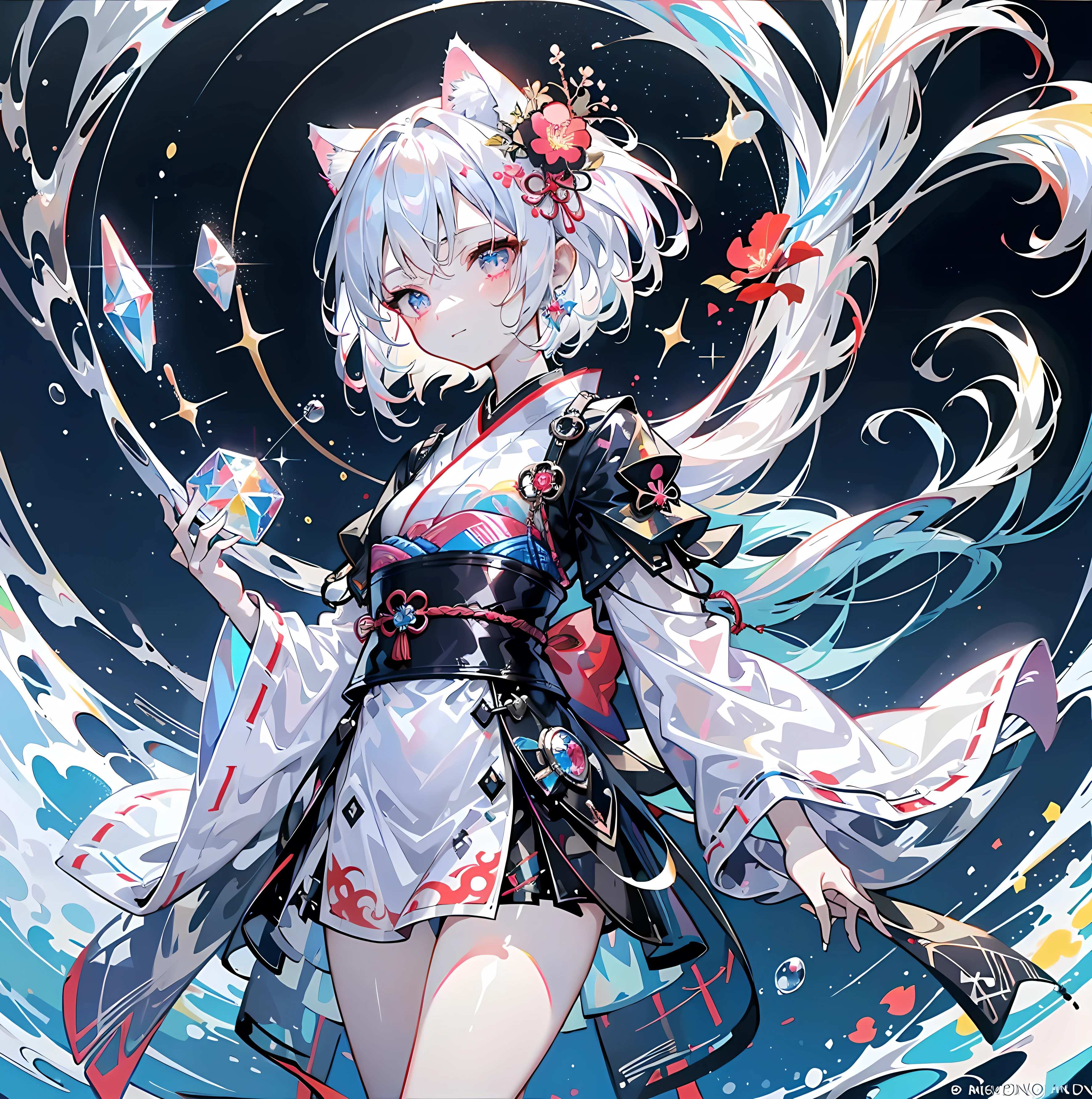 Japanese style , cute girl , age of 10 , 3d Pixar character style， 。.3D， toys， ip， blindbox， magick， full bodyesbian， cute female ， Japanese costumes ， good smile， long whitr hair， Ultra-clear， One of the transparent materials Japanese dragon， ice cubes， Reflected light droplets， Style prism + hibisco， Solid black background， Particle， Particle， blueglow， Octane trend rendering ort workstation， 8K， k hd, cat girl, red lightning , cute eyes , red eyes, iridescent eyes, cat eyes glowing , kisune costume clother, kimono yukata clother , godly character , cool smile , pet flying next to , Broken glass around