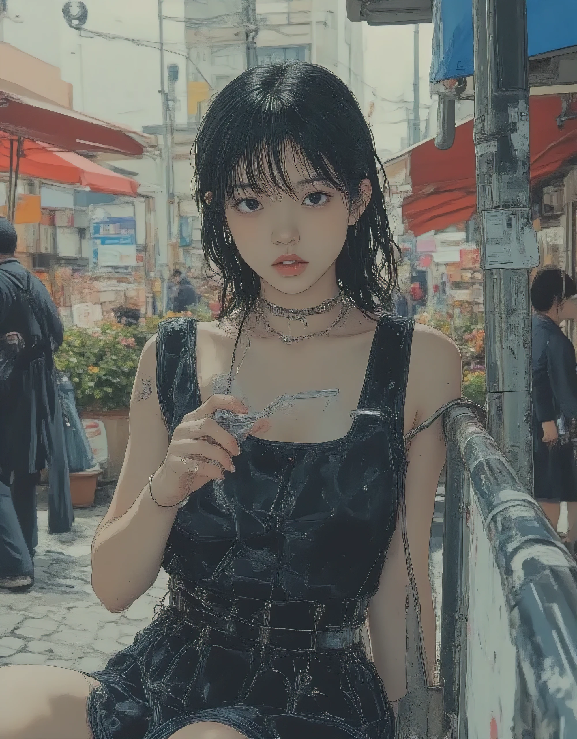 vivid, very detailed, award-winning illustration, Professional. womanhood, womanhood with elegant and natural makeup watching a stray cat at the flower market, Black eyed gothic lolly, , Full body depiction of a womanhood, wide angle, beautiful, fantasy shot with Nikon Z7 II mirrorless camera. Hyper-realistic, masterpiece, high resolution skin riding on a handrail. The cobblestone streets of Paris after the rain were dazzling. flower market scene with lots of flowers. some shoppers were blurry.