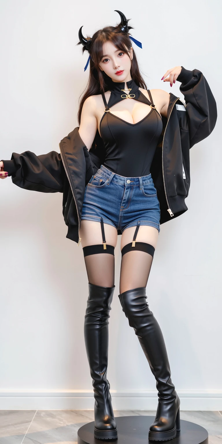 full body shot,fullbody,wide shot,foot focus,this is a high-resolution photograph of a stylish 20-year-old asian girl who is stylish model posing in a studio.Edgy streetwear style,black varsity jacket,white tank top,denim shorts,she wears black thigh-high boots called hihelzflux. those boots are striking,high-heeled thigh-high boots. The boots are made of shiny,patent leather and have a glossy black finish. They are designed with a high,pointed toe and a stiletto heel. The boots are laced up the front with a series of eyelets and silver buckles,adding to their edgy,fetish-inspired aesthetic.The background is simple,and the lighting is even.Realistic photography style,cinematic lighting,soft-focus background,warm and cool tone contrast.,she has a slender physique and a petite build,slightly rebellious vibe,dslr,studio lighting,high quality,light reflections,blood vessels,pale skin,detailed skin,The lighting is natural,casting soft shadows. The composition follows the rule of thirds,with the woman positioned slightly off-center. The overall aesthetic quality is very high,with a shallow depth of field emphasizing the subject.,<lora:ZaraCBBFLUX-000002:0.6>,