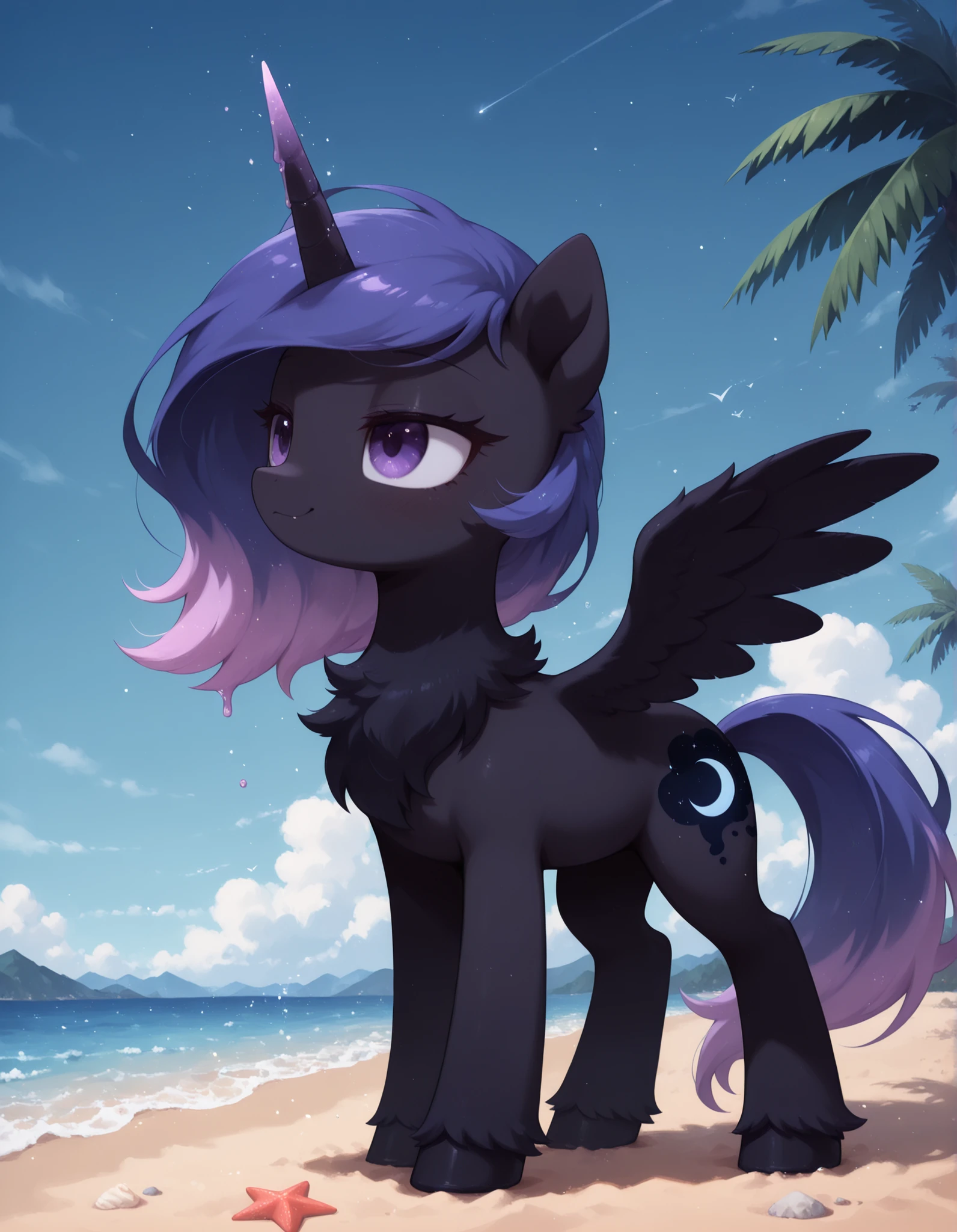 (Noxmauve:1.3),, masterpiece, best quality, amazing quality, very aesthetic, absurdres, newest, solo,
1girl, feral, feral pony, Woona, S1 Luna, Luna from Season 1 of My Little Pony, Young Luna, alicorn, horn, wings, (masterpiece), best quality, anime, simple background, (beach), melting, detailed, cosmic print, glowing hair, constellations, water, (mlp), ((eyes_in_darkness)), glowing eyes, slit eyes, little pony, friendship is magic, quadruped