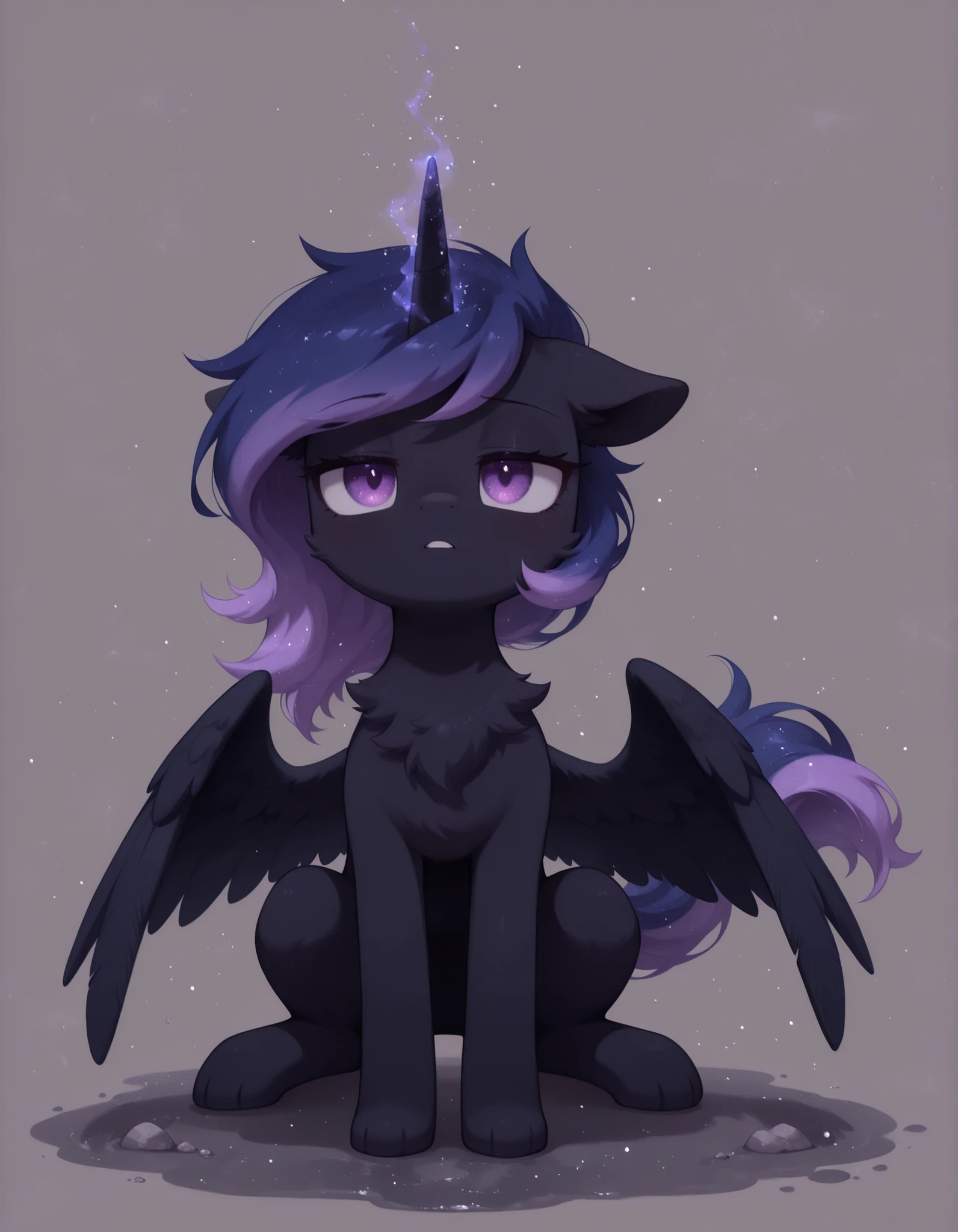 (Noxmauve:1.3),, masterpiece, best quality, amazing quality, very aesthetic, absurdres, newest, solo,
1girl, feral, feral pony, Woona, S1 Luna, Luna from Season 1 of My Little Pony, Young Luna, alicorn, horn, wings, (masterpiece), best quality, anime, simple background, (beach), melting, detailed, cosmic print, glowing hair, constellations, water, (mlp), ((eyes_in_darkness)), glowing eyes, slit eyes, little pony, friendship is magic, quadruped