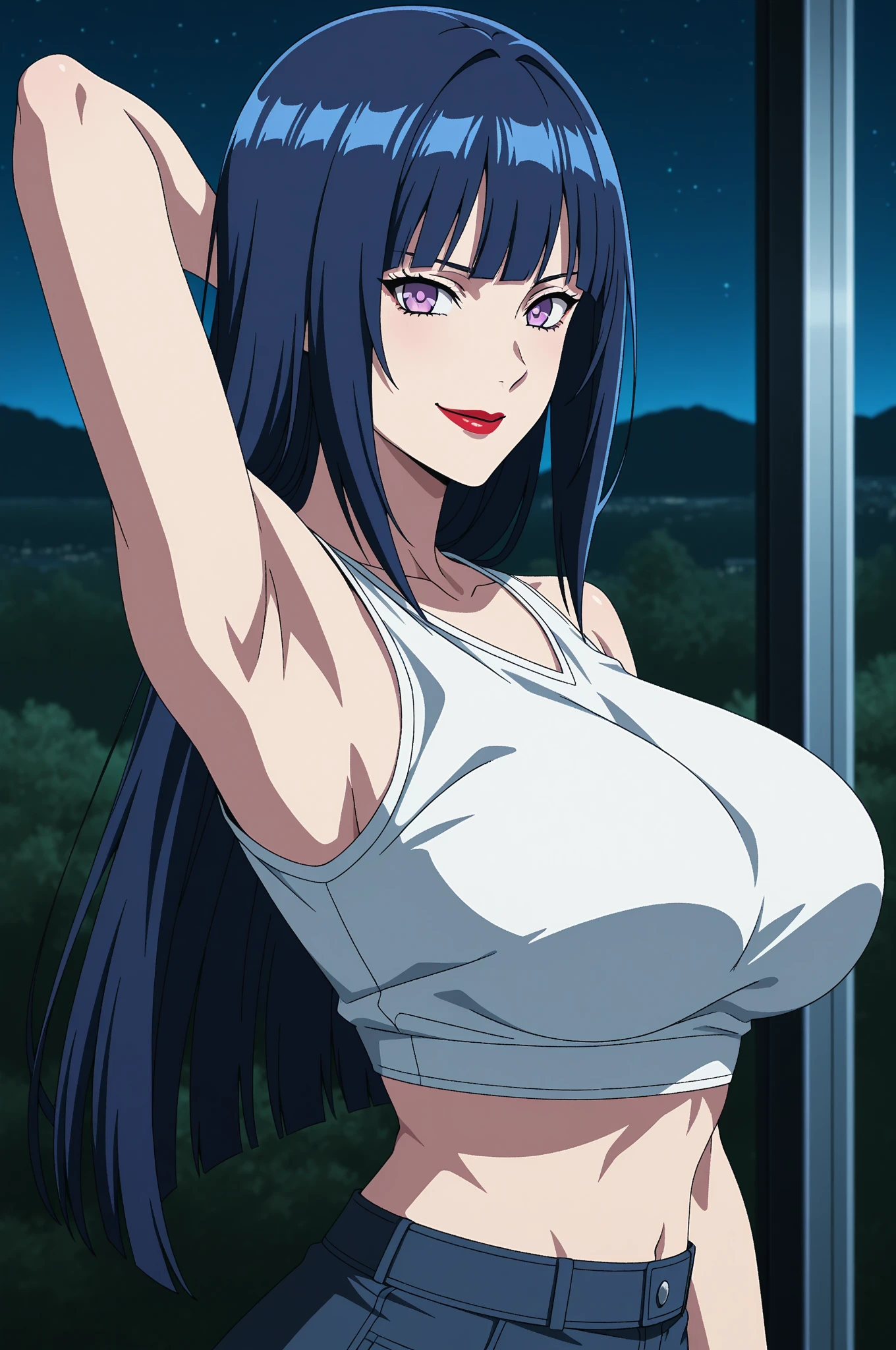 long hair, black hair,  dark blue eyes, red lipstick, standing with hand on her hip, evil smile, angry eyes, blush, lipstick, masterpiece, best quality, ((unbuttoned , cleavage, necklace, earrings,  body,
)) , micro skirt, smiling, navel , exposed belly, exposed navel,,school,knot,
classroom , holding a gun, hold a gun, 