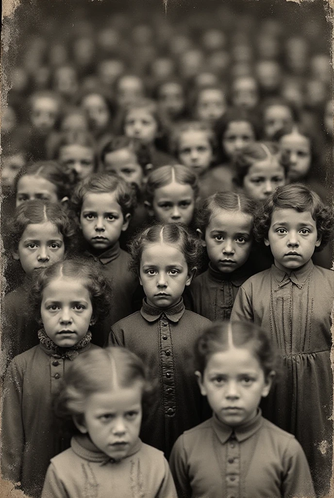 3 girls Russian children with 10 years old, WITH LONG STRAIGHT DARK HAIR, PORTRAIT STYLE, monochrome and red bleed color, black white and red colors, background (dark _ smoke), 8 k highly detailed, black and white and red colors, some mist gray smoke and fire, detailed smoke, (smoke)