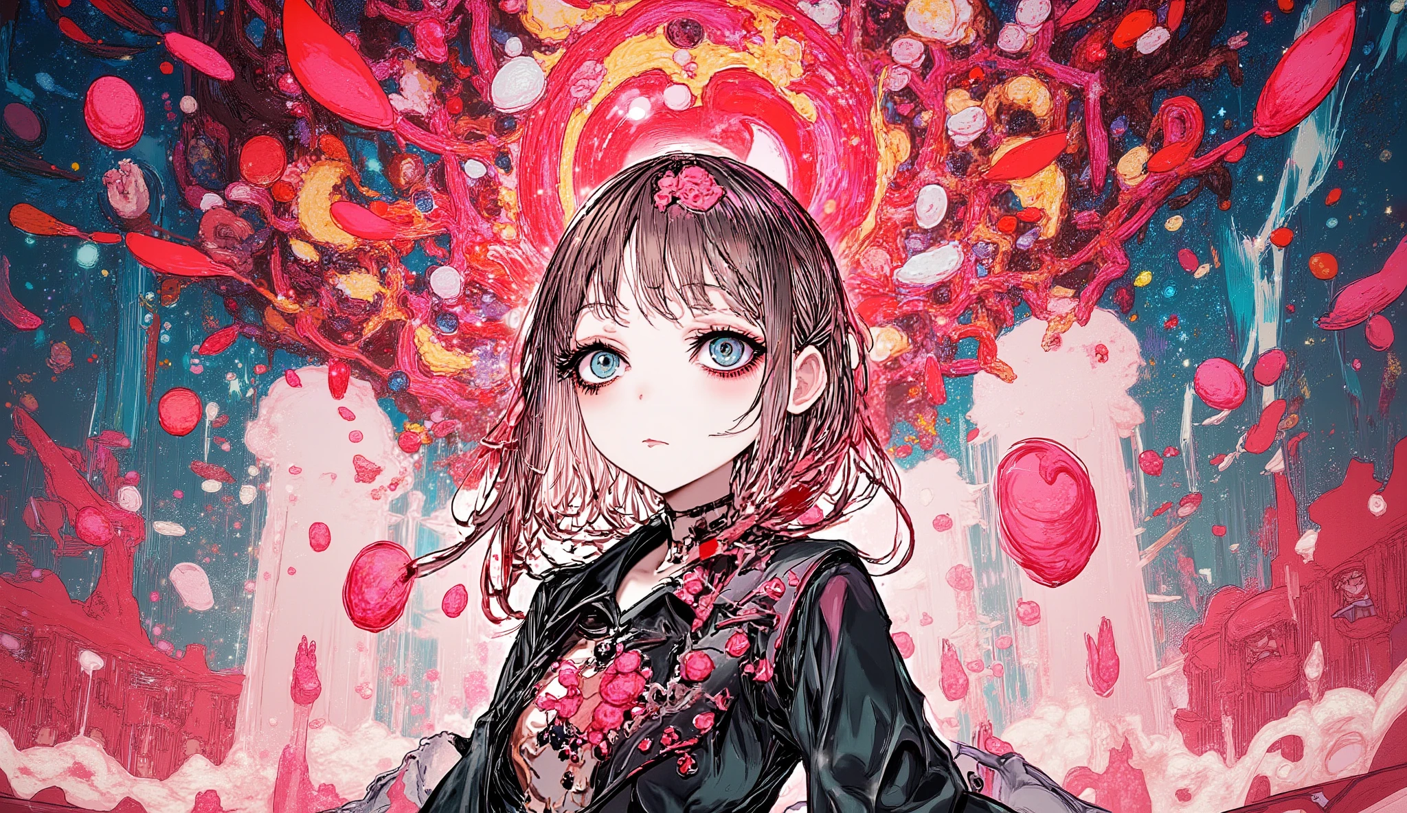 Anime girl with angelic face but demonic red aura, red petals and embers floating around, wearing gothic lolita outfit, upper body focus, soft yet intense gaze, dramatic anime artwork