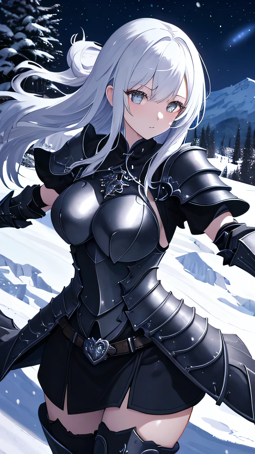 A female character that emits a beam in 4 directions。Wears armor based on black，has silver gothic decorations with Chrome Hearts style CH plus and CH class designs。The background is a snowy mountain at night , High Quality, masterpiece, rich contrast, high resolution, 8K, very detailed、Dynamic Composition