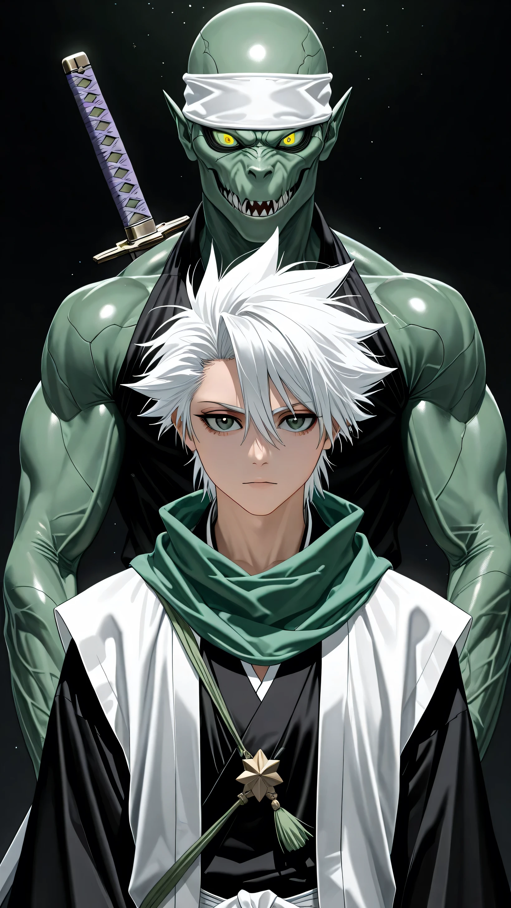 épée,vêtements japonais, Haori,bandeau blanc,cheveux entre les yeux, écharpe verte,cheveux courts,cheveux hérissés,toushirou_Hitsugaya, cheveux blancs, yeux verts, chemise noire, vêtements décontractés, cheveux courts, mâle, le nombre d'or, Composition appropriée, (chef-d'œuvre, détaillé:1.2), maorix,score_9, score_8_haut, score_7_haut, score_6_haut, score_5_haut,  , Chambre Competator moderne avec éclairage extérieur, close-haut, Configuration parfaite, shauter quality, 8K, shauter quality, bel homme japonais, 表情のclose-haut, détaillé eyes, Careful Green Iris, yeux marron transparents, cheveux courts, haute résolution,  5 doigts anatomiquement corrects, détaillé skin, détaillé face, Poses Dynamiques, (mâle:1.4), (homme:1.3), masculin, mâchoire carrée, poitrine plate,  larges épaules, masculin face, pomme d'Adam, poitrine plate, épaules larges,  Half body shoot 