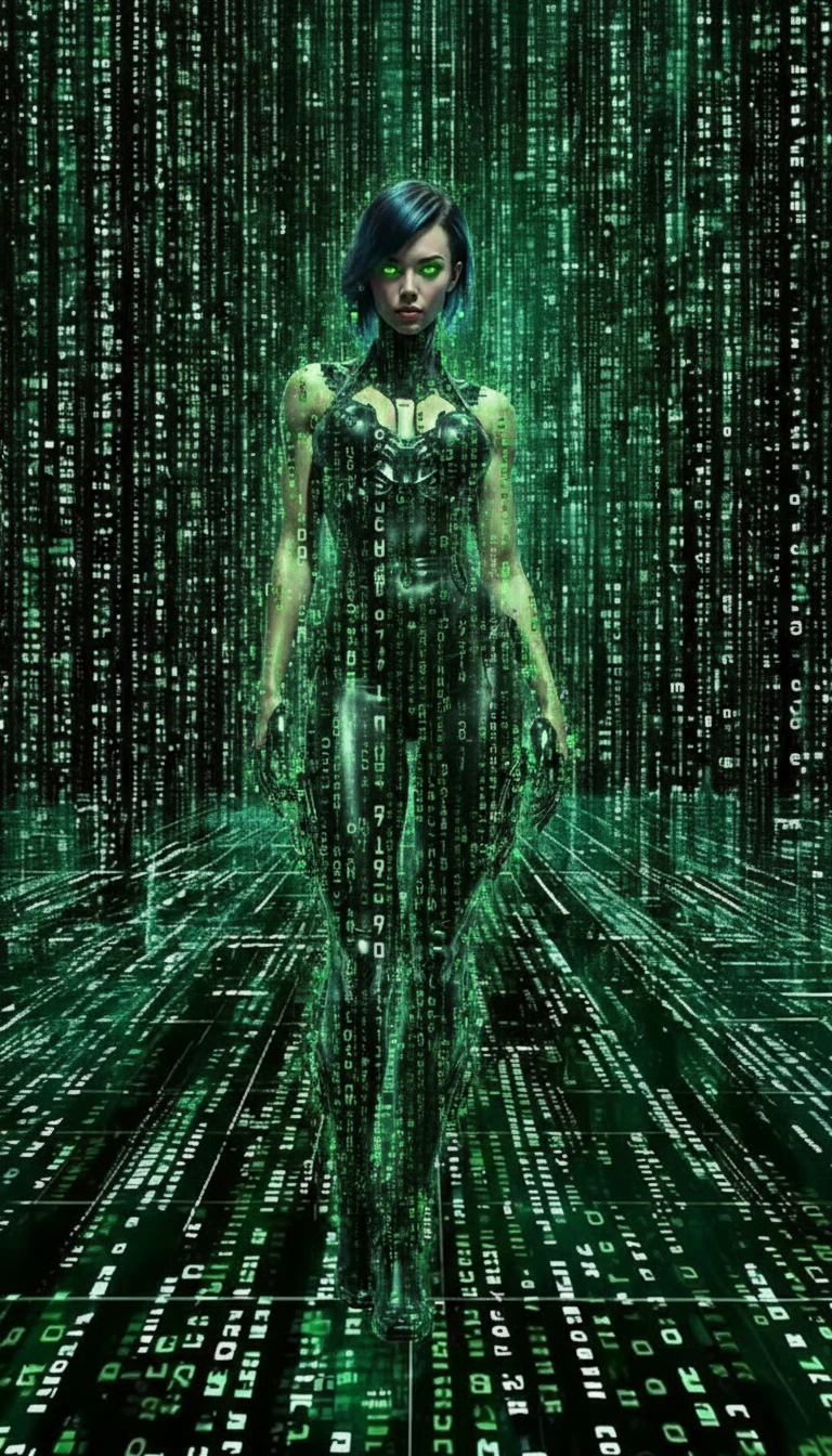woman made from binary code matrix, art made from binary code matrix, binary code matrix style, green black colors, 2.5d illustration, luminism