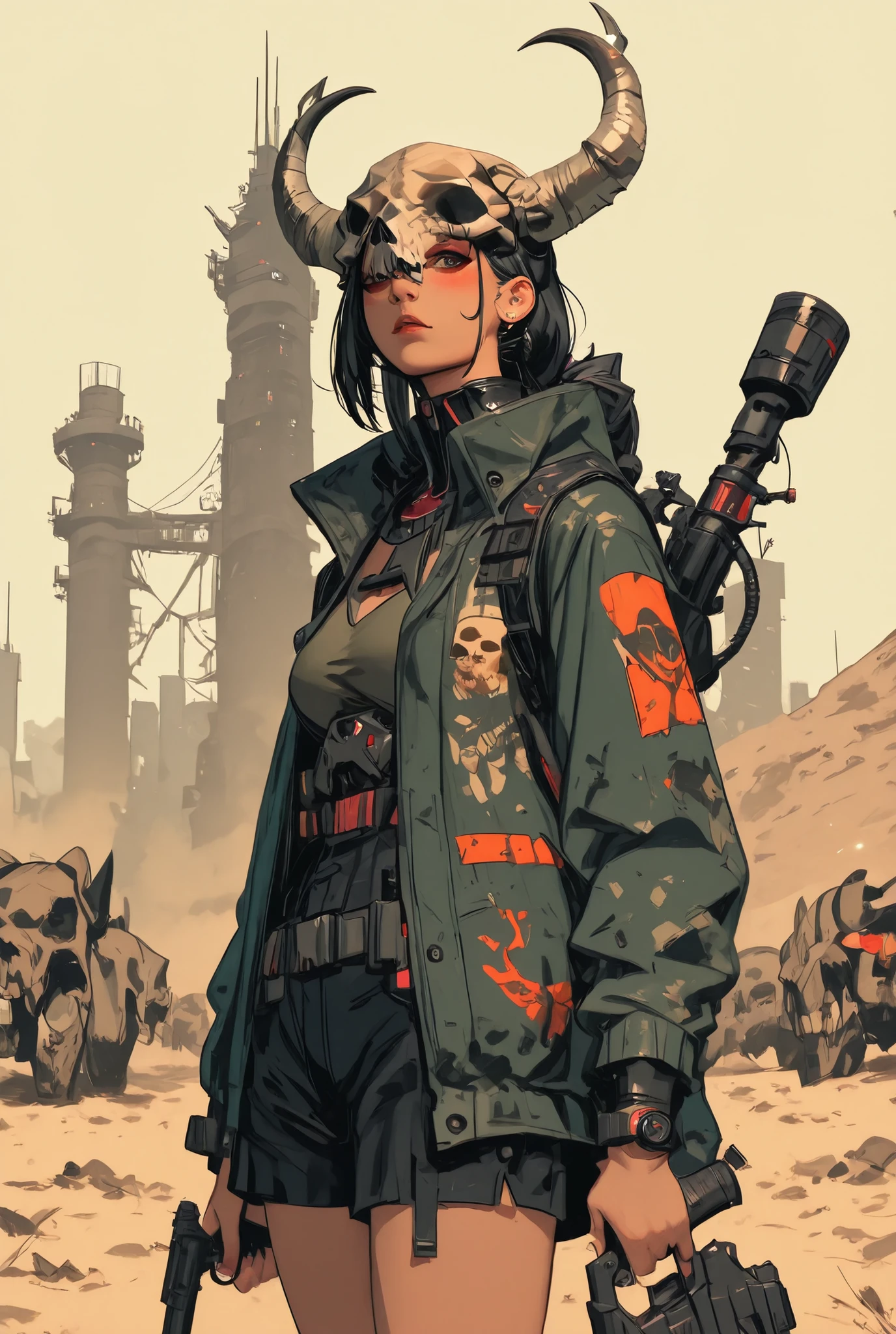 anime girl with a gun,wearing animal skull on head, digital cyberpunk anime art, postapocalyptic vibes, guweiz, wojtek fus, guweiz on artstation pixiv, anime style illustration