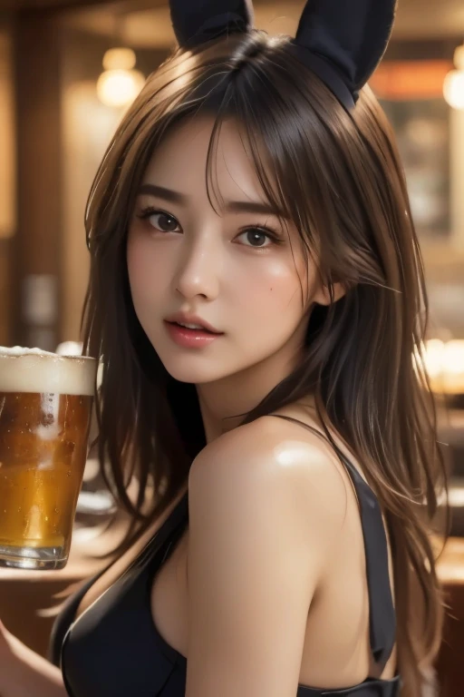 A very cute face like an idol、Looks like a young face、20-year-old female、Gentle and cute、A kind smile、、A crowded bar、Toast with a beer mug、Cinema lighting、Natural light、whole body、RAW Photos、Genuine、Artistic、(High level of artistry)、High quality that is indistinguishable from real life、realism、Real Stick、High resolution、masterpiece
