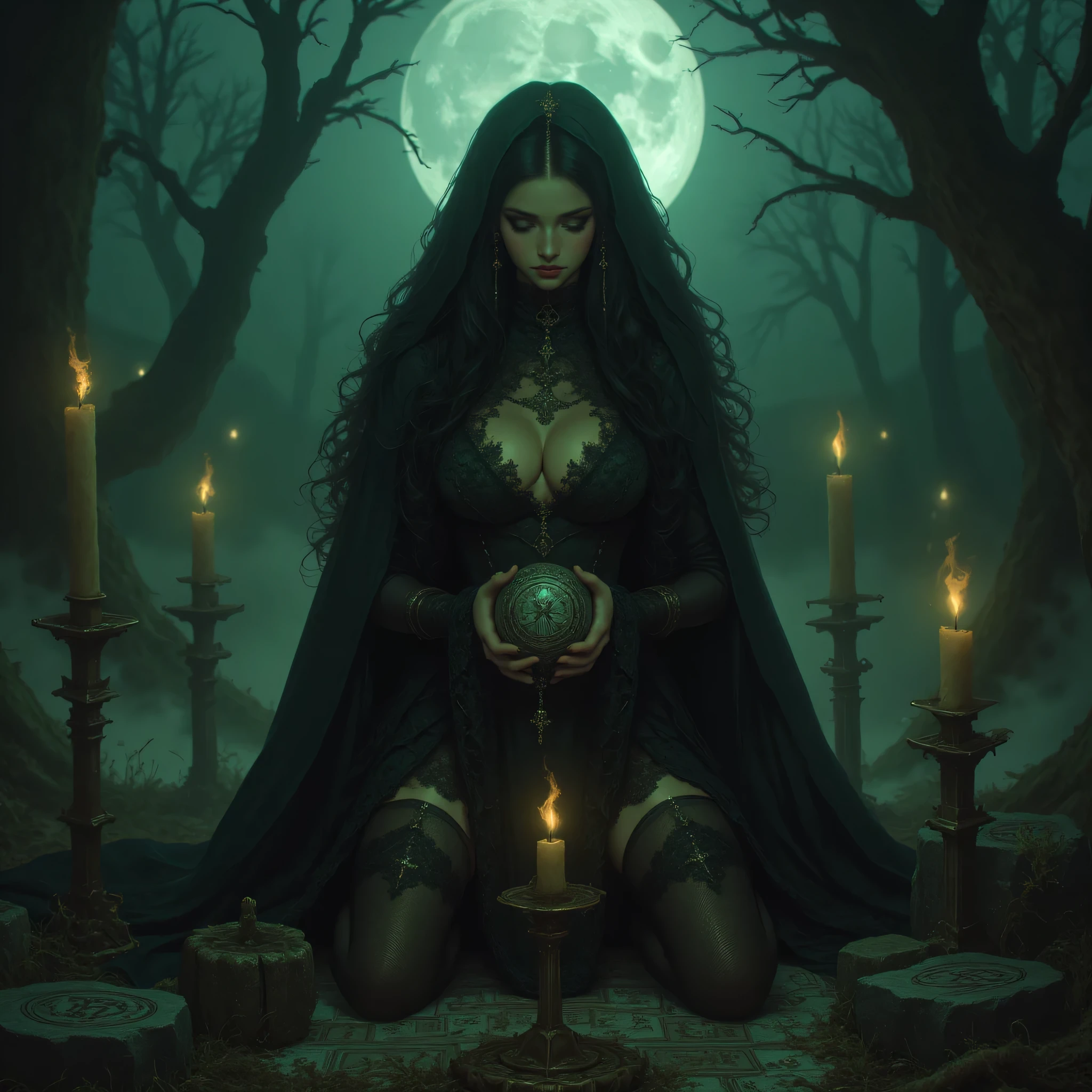 > A mysterious gothic witch performing a ritual under a full moon. Her long black wavy hair cascades softly over her shoulders. Dressed in a flowing black lace gown with subtle shimmer, she kneels gracefully, holding a glowing orb in her delicate hands — fingers detailed and natural. Her emerald eyes glow faintly, reflecting the magic energy surrounding her. Mist and flickering candles illuminate the scene, revealing carved runes on nearby stones.
ultra-realistic, cinematic lighting, detailed hands and eyes, perfect anatomy, gothic fantasy, mystical forest, foggy atmosphere, high-resolution, 8K, masterpiece composition, enchanted tone.