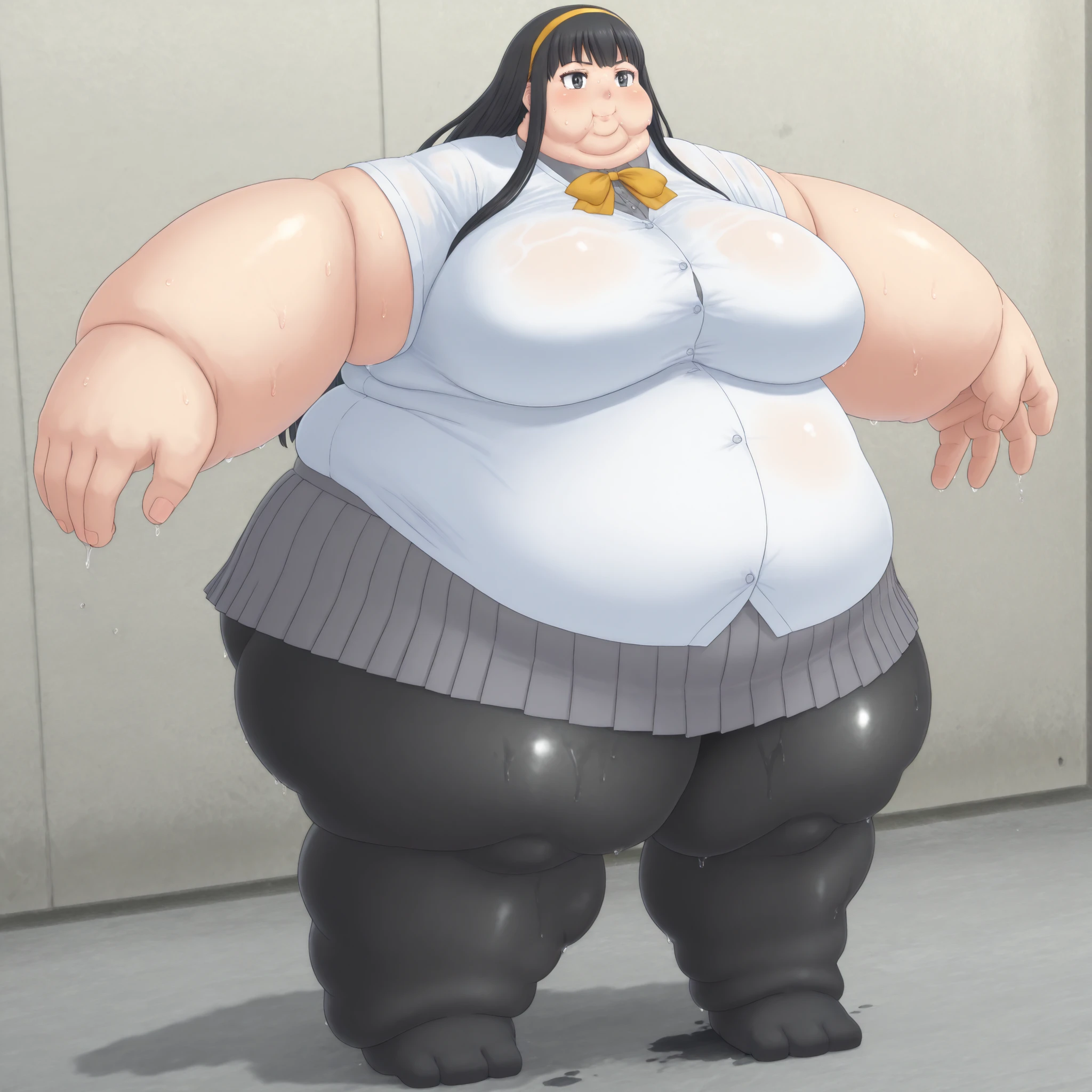 misonoinori,1girl,solo,pantyhose,long hair,hairband,skirt,school uniform,black hair,black pantyhose,pleated skirt,smile,black eyes, blank_stare, empty_stare,  fat, chubby, obese, gigantic arms and legs, large breasts, sweating, wet body, swollen face, Fat_neck , Fat head , eyes with crushed cheeks , nose with crushed cheeks , mouth with crushed cheeks , chin roll,
only head, large head, oversized limbs, large hands, large feet, oversized feet, oversized fingers, big lips, plump lips, fat face, fupa, big fupa, fat fupa, 