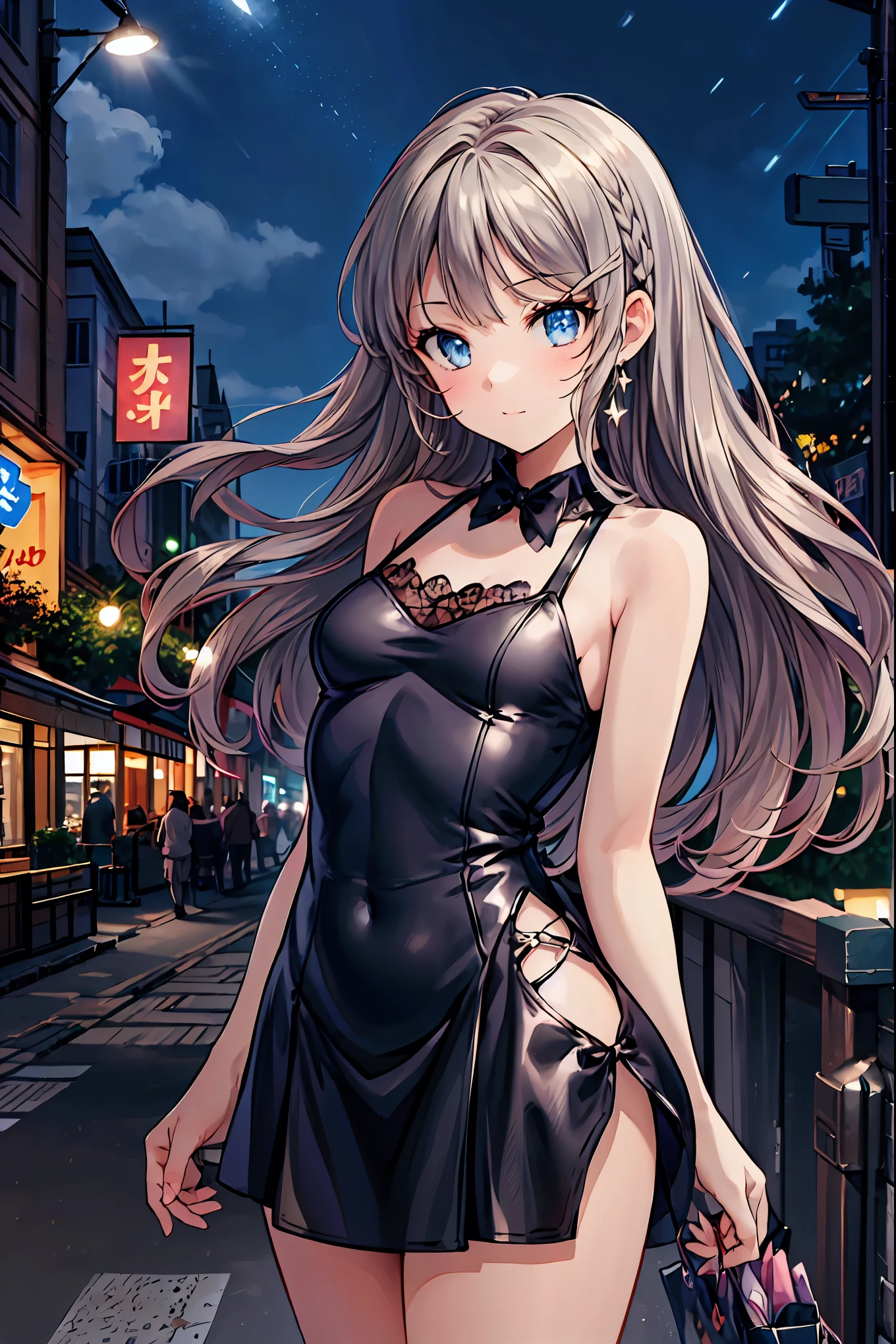 Bunny Girl at the Tavern,Under the Shiny Neon Lights,Bunny Girls Listen to the Hearts of Customers,Selling Escapist for a Moment,active，Attractive Poses,Rich Proportions,plump curves,beautiful face,Glossy Hair,Glittering Costumes,meteor、空から降り注ぐmeteor、無数のmeteor群、Tokyo Disneyland,Tokyo Disneylandの活気に満ちた魔法のような雰囲気の中を歩く, casual clothes､cute clothes､Cinderella Castle can be seen in the background, warm sunshine､The vibrant and cheerful atmosphere of Disneyland，Families and couples pass by,brown hair，shortcut，unkempt hair，Short braided hair，Neat，slender beauty，correct posture，small breasted，Beautiful legs，Enchanting Gray-Blue Eyes Shine Like Stars，Saggy Eyes，Brilliant Colors,beautiful eyes,A delicate smile,Textured Skin,Best quality at its best,gentle and beautiful woman,anime style､Bewitching Expression,Bold action,Night Atmosphere,Realistic CG Art,dramatic lighting,Dense Gradation,Striking colours,HIGH QUALITY,8K,Photorealistic,Realistic,Professional skills,Refined Textures,Brilliant Colors彩,bokeh,Dark and Enchanting