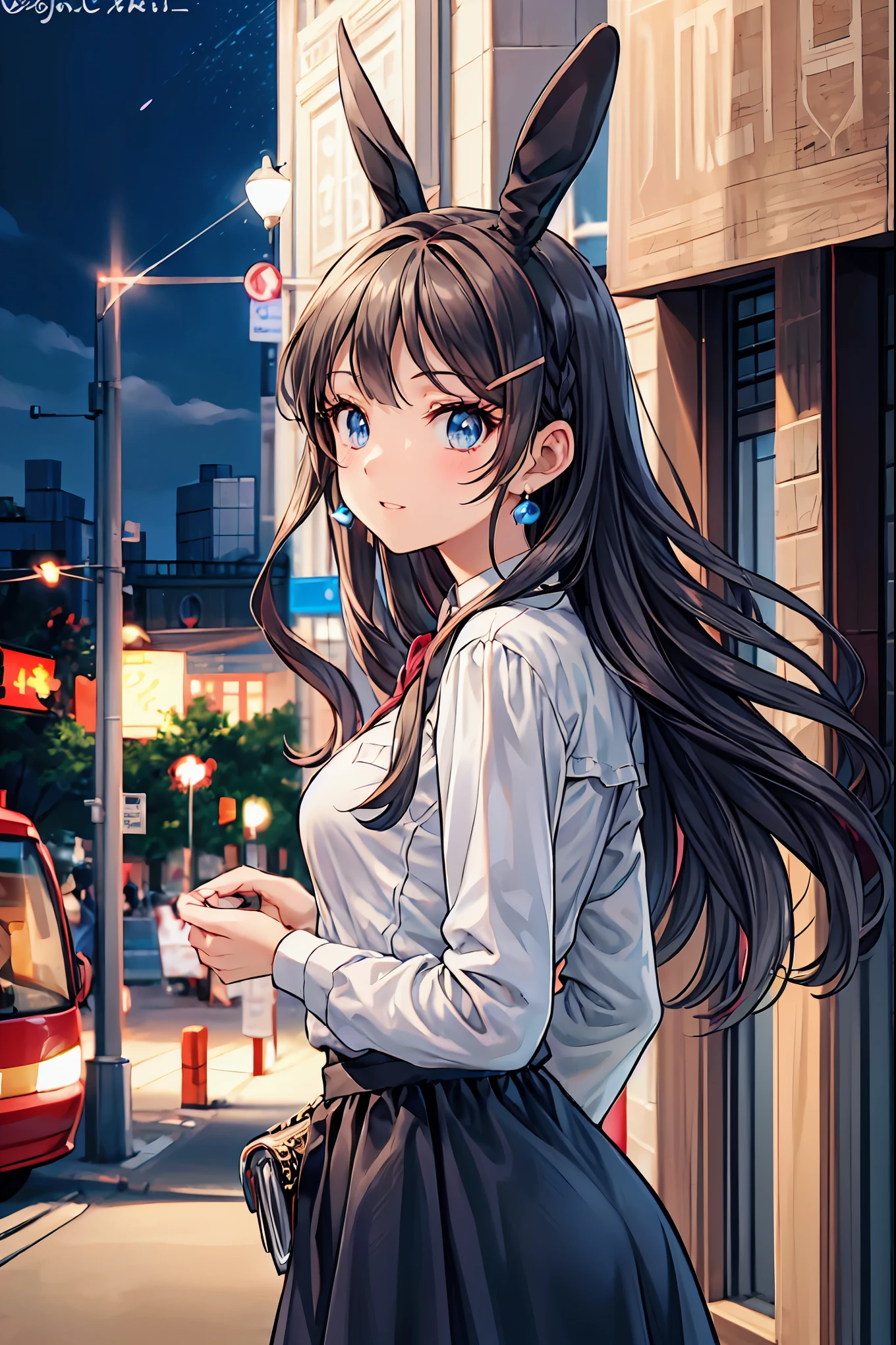 Bunny Girl at the Tavern,Under the Shiny Neon Lights,Bunny Girls Listen to the Hearts of Customers,Selling Escapist for a Moment,active，Attractive Poses,Rich Proportions,plump curves,beautiful face,Glossy Hair,Glittering Costumes,meteor、空から降り注ぐmeteor、無数のmeteor群、Tokyo Disneyland,Tokyo Disneylandの活気に満ちた魔法のような雰囲気の中を歩く, casual clothes､cute clothes､Cinderella Castle can be seen in the background, warm sunshine､The vibrant and cheerful atmosphere of Disneyland，Families and couples pass by,brown hair，shortcut，unkempt hair，Short braided hair，Neat，slender beauty，correct posture，small breasted，Beautiful legs，Enchanting Gray-Blue Eyes Shine Like Stars，Saggy Eyes，Brilliant Colors,beautiful eyes,A delicate smile,Textured Skin,Best quality at its best,gentle and beautiful woman,anime style､Bewitching Expression,Bold action,Night Atmosphere,Realistic CG Art,dramatic lighting,Dense Gradation,Striking colours,HIGH QUALITY,8K,Photorealistic,Realistic,Professional skills,Refined Textures,Brilliant Colors彩,bokeh,Dark and Enchanting