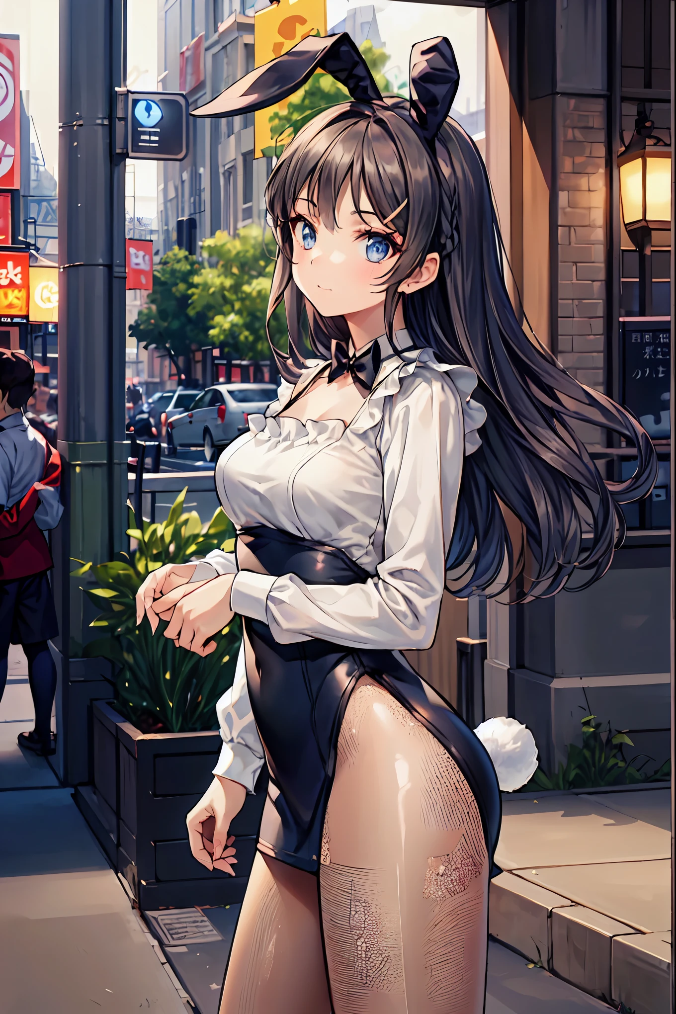 Bunny Girl at the Tavern,Under the Shiny Neon Lights,Bunny Girls Listen to the Hearts of Customers,Selling Escapist for a Moment,active，Attractive Poses,Rich Proportions,plump curves,beautiful face,Glossy Hair,Glittering Costumes,meteor、空から降り注ぐmeteor、無数のmeteor群、Tokyo Disneyland,Tokyo Disneylandの活気に満ちた魔法のような雰囲気の中を歩く, casual clothes､cute clothes､Cinderella Castle can be seen in the background, warm sunshine､The vibrant and cheerful atmosphere of Disneyland，Families and couples pass by,brown hair，shortcut，unkempt hair，Short braided hair，Neat，slender beauty，correct posture，small breasted，Beautiful legs，Enchanting Gray-Blue Eyes Shine Like Stars，Saggy Eyes，Brilliant Colors,beautiful eyes,A delicate smile,Textured Skin,Best quality at its best,gentle and beautiful woman,anime style､Bewitching Expression,Bold action,Night Atmosphere,Realistic CG Art,dramatic lighting,Dense Gradation,Striking colours,HIGH QUALITY,8K,Photorealistic,Realistic,Professional skills,Refined Textures,Brilliant Colors彩,bokeh,Dark and Enchanting