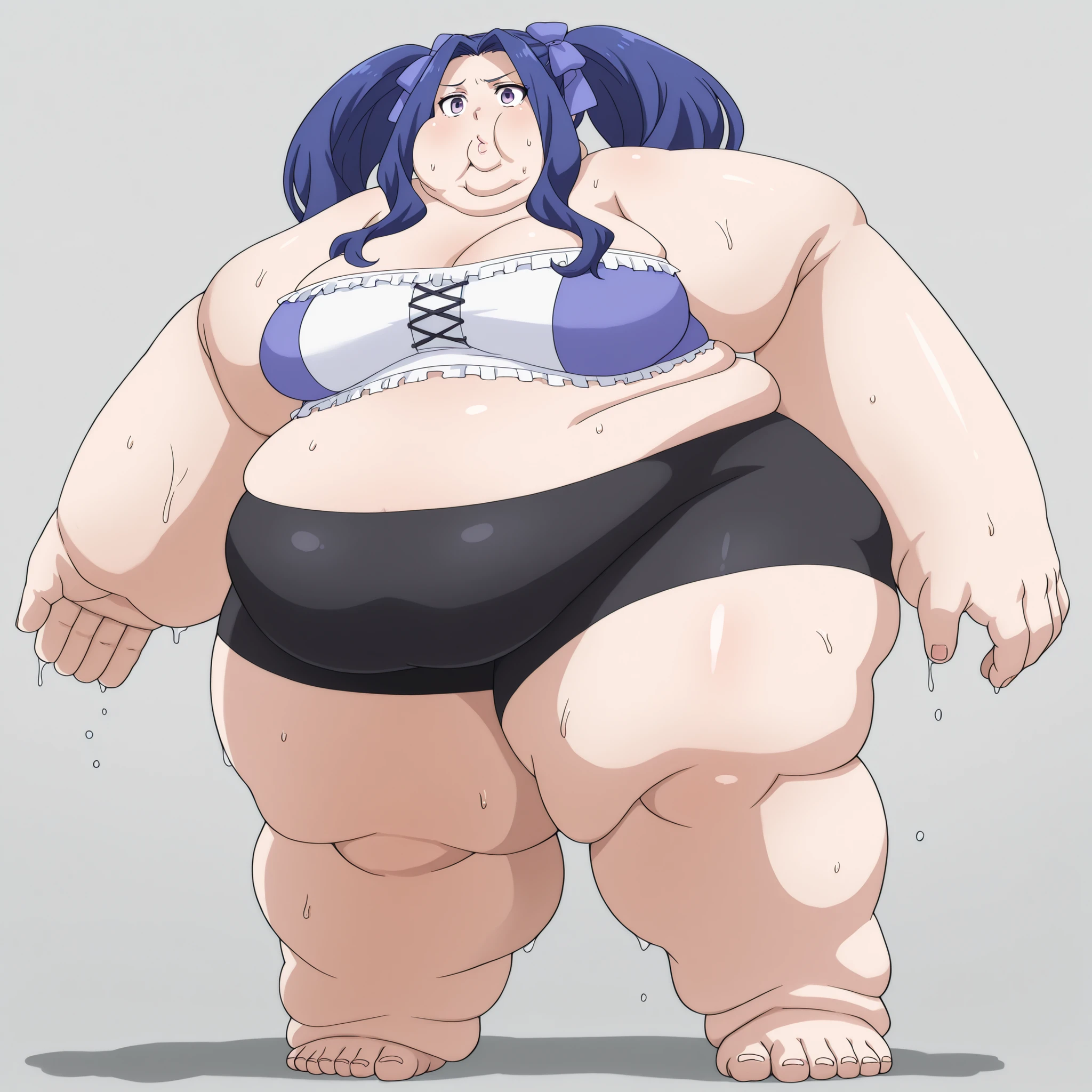 1girl, solo, meltyqm, hair bow, tube top, bike shorts, blank_stare, empty_stare,  fat, chubby, obese, gigantic arms and legs, large breasts, sweating, wet body, swollen face, Fat_neck , Fat head , eyes with crushed cheeks , nose with crushed cheeks , mouth with crushed cheeks , chin roll,
only head, large head, oversized limbs, large hands, large feet, oversized feet, oversized fingers, big lips, plump lips, fat face, fupa, big fupa, fat fupa, 