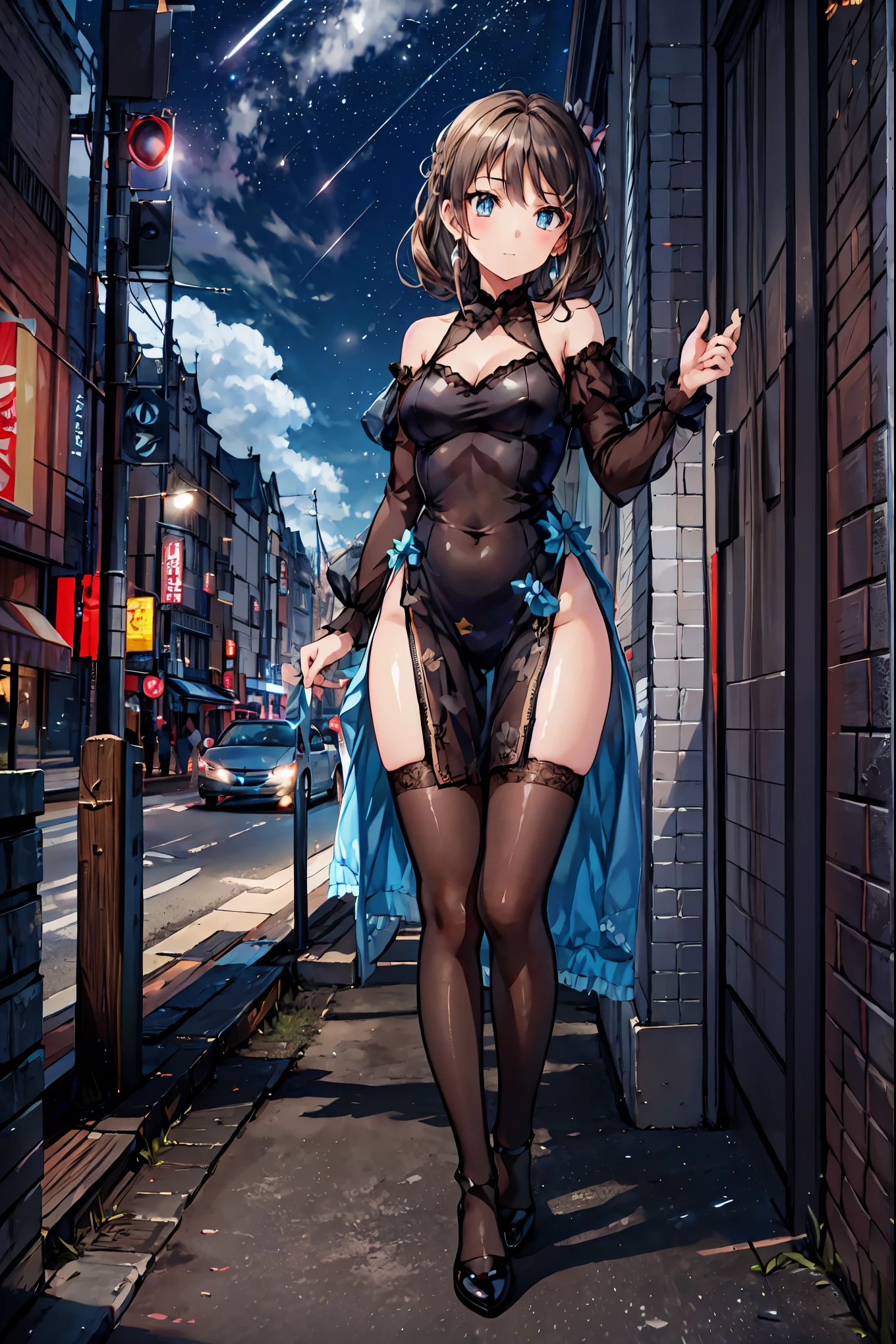Bunny Girl at the Tavern,Under the Shiny Neon Lights,Bunny Girls Listen to the Hearts of Customers,Selling Escapist for a Moment,active，Attractive Poses,Rich Proportions,plump curves,beautiful face,Glossy Hair,Glittering Costumes,meteor、空から降り注ぐmeteor、無数のmeteor群、Tokyo Disneyland,Tokyo Disneylandの活気に満ちた魔法のような雰囲気の中を歩く, casual clothes､cute clothes､Cinderella Castle can be seen in the background, warm sunshine､The vibrant and cheerful atmosphere of Disneyland，Families and couples pass by,brown hair，shortcut，unkempt hair，Short braided hair，Neat，slender beauty，correct posture，small breasted，Beautiful legs，Enchanting Gray-Blue Eyes Shine Like Stars，Saggy Eyes，Brilliant Colors,beautiful eyes,A delicate smile,Textured Skin,Best quality at its best,gentle and beautiful woman,anime style､Bewitching Expression,Bold action,Night Atmosphere,Realistic CG Art,dramatic lighting,Dense Gradation,Striking colours,HIGH QUALITY,8K,Photorealistic,Realistic,Professional skills,Refined Textures,Brilliant Colors彩,bokeh,Dark and Enchanting
