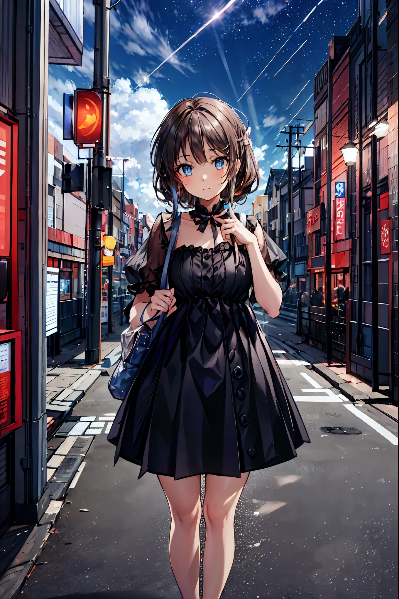 Bunny Girl at the Tavern,Under the Shiny Neon Lights,Bunny Girls Listen to the Hearts of Customers,Selling Escapist for a Moment,active，Attractive Poses,Rich Proportions,plump curves,beautiful face,Glossy Hair,Glittering Costumes,meteor、空から降り注ぐmeteor、無数のmeteor群、Tokyo Disneyland,Tokyo Disneylandの活気に満ちた魔法のような雰囲気の中を歩く, casual clothes､cute clothes､Cinderella Castle can be seen in the background, warm sunshine､The vibrant and cheerful atmosphere of Disneyland，Families and couples pass by,brown hair，shortcut，unkempt hair，Short braided hair，Neat，slender beauty，correct posture，small breasted，Beautiful legs，Enchanting Gray-Blue Eyes Shine Like Stars，Saggy Eyes，Brilliant Colors,beautiful eyes,A delicate smile,Textured Skin,Best quality at its best,gentle and beautiful woman,anime style､Bewitching Expression,Bold action,Night Atmosphere,Realistic CG Art,dramatic lighting,Dense Gradation,Striking colours,HIGH QUALITY,8K,Photorealistic,Realistic,Professional skills,Refined Textures,Brilliant Colors彩,bokeh,Dark and Enchanting