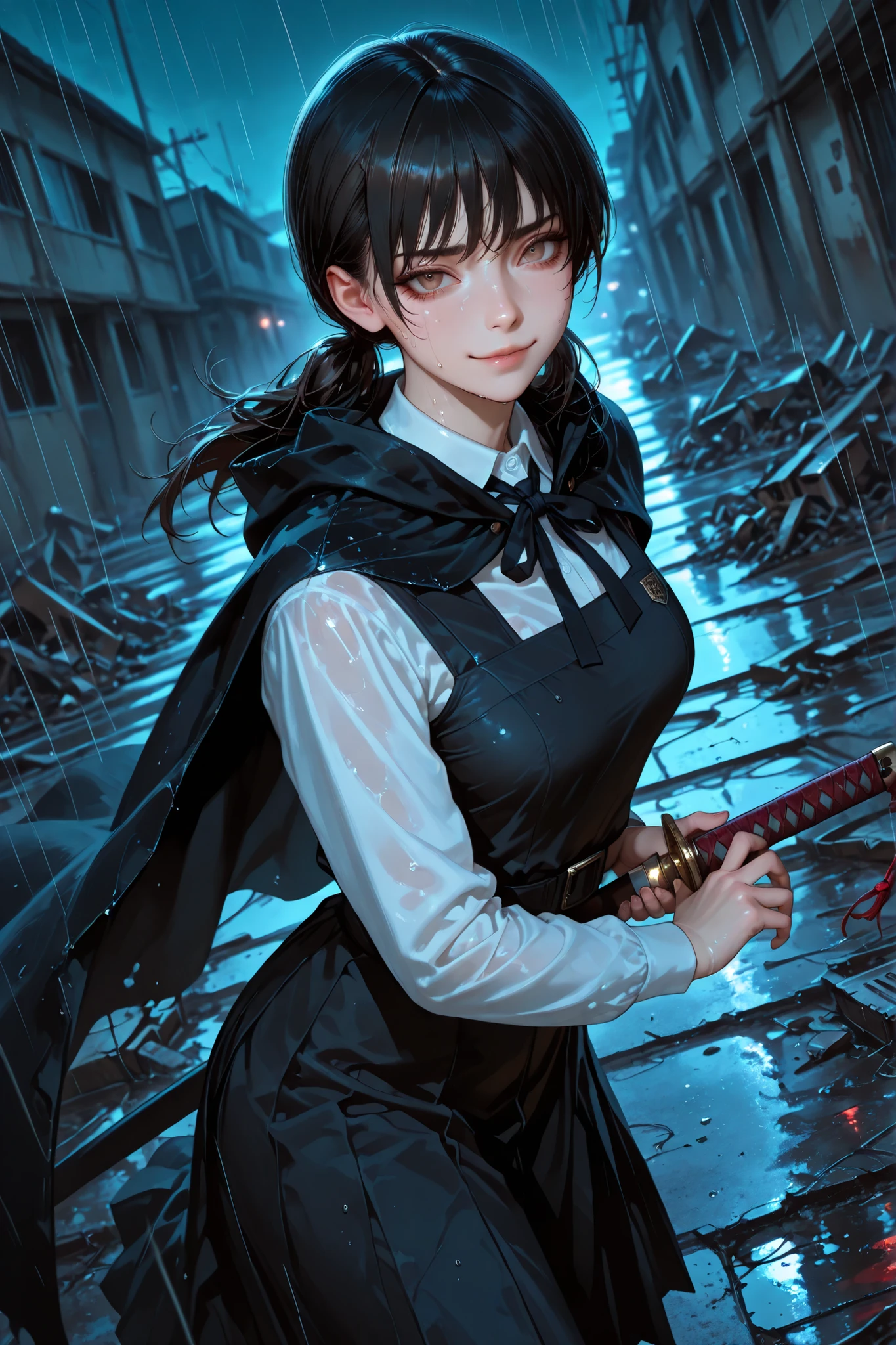 1 girl , Mitaka Asa, long hair , low ponytails , brown eyes , detailed eyes, long eyelashes, beautiful eyes, beautiful face, perfectly symmetrical face, delicate and harmonious features, realistic skin with natural texture and a slight sheen of sweat,beautiful hair, medium breasts, school uniform, black dress, pinafore dress, sleeveless dress, white shirt, black ribbon, neck ribbon, long sleeves, black cloak, perfect anatomy, outdoors, devastated field, night, destruction all around, standing, red rain, looking at the viewer, anatomically correct hands, holding a black katana with a bloody blade, battoujutsu, battoujutsu stance, ready to draw, sheathed, unsheathing, scabbard, fighting stance, battoujutsu stance, seductive, dynamic pose, dutch angle, mocking smile, detailed photorealism, depth of field, 8k, HDR, superior quality, masterpiece, ultra-detailed, very aesthetic