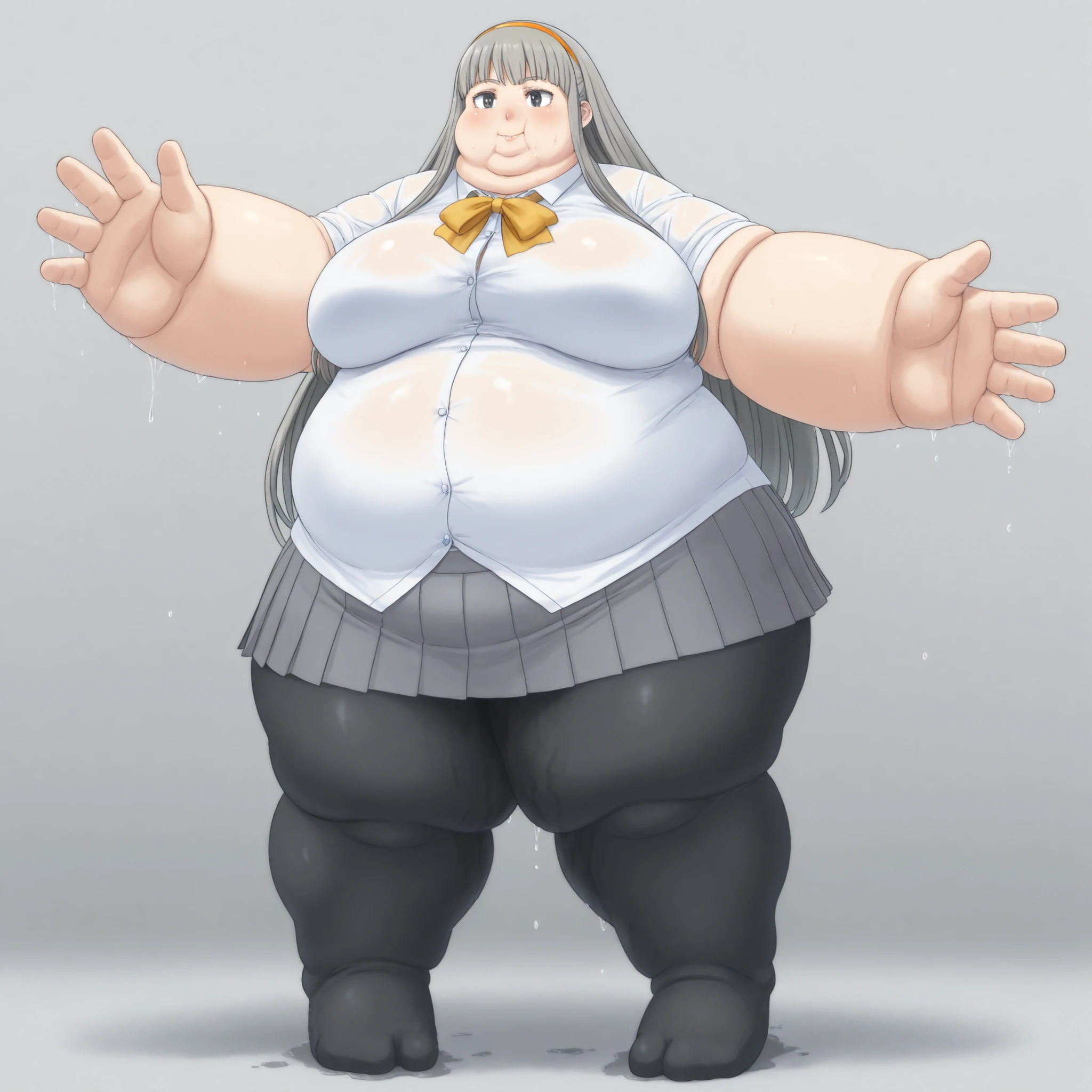 misonoinori,1girl,solo,pantyhose,long hair,hairband,skirt,school grey hair,black pantyhose,pleated skirt,smile,black eyes, blank_stare, empty_stare,  fat, chubby, obese, gigantic arms and legs, large breasts, sweating, wet body, swollen face, Fat_neck , Fat head , eyes with crushed cheeks , nose with crushed cheeks , mouth with crushed cheeks , chin roll,
only head, large head, oversized limbs, large hands, large feet, oversized feet, oversized fingers, big lips, plump lips, fat face, fupa, big fupa, fat fupa, 