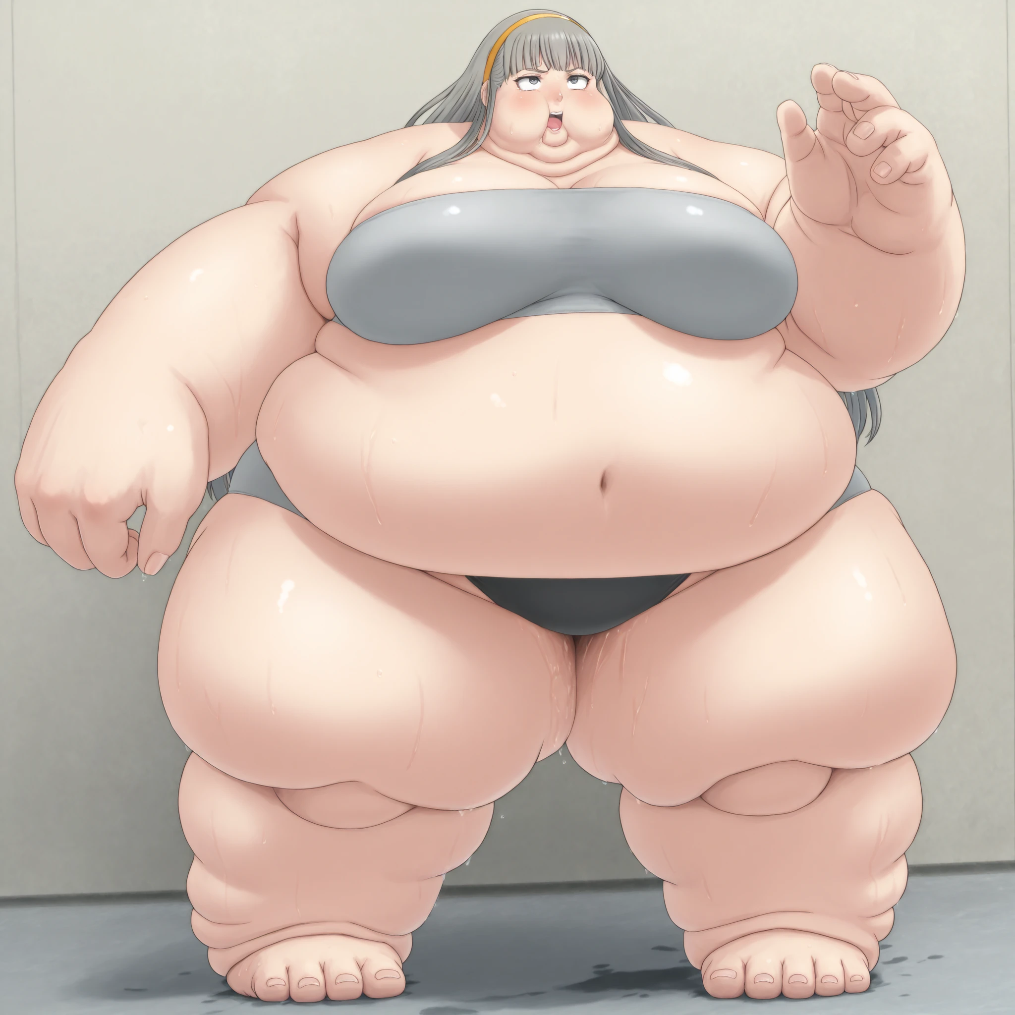 misonoinori,1girl,solo,long hair,hairband, grey hair, tube top, bikini bottom, ahegao,black eyes, blank_stare, empty_stare,  fat, chubby, obese, gigantic arms and legs, large breasts, sweating, wet body, swollen face, Fat_neck , Fat head , eyes with crushed cheeks , nose with crushed cheeks , mouth with crushed cheeks , chin roll,
only head, large head, oversized limbs, large hands, large feet, oversized feet, oversized fingers, big lips, plump lips, fat face, fupa, big fupa, fat fupa, 