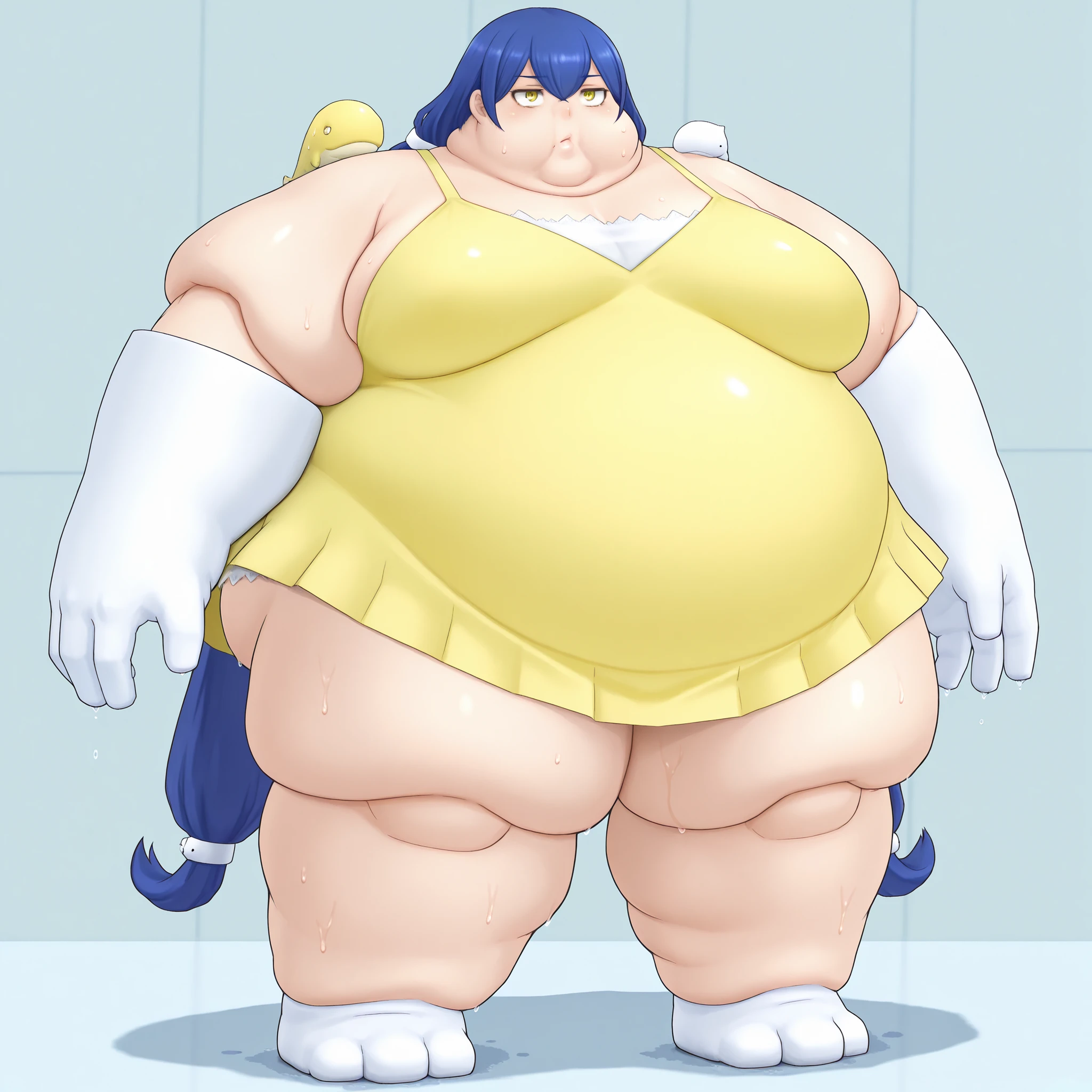 (yellow short dress), dsc-erika, yellow eyes, blue hair, low twintails, hair between eyes, blank_stare, empty_stare,  fat, chubby, obese, gigantic arms and legs, large breasts, sweating, wet body, swollen face, Fat_neck , Fat head , eyes with crushed cheeks , nose with crushed cheeks , mouth with crushed cheeks , chin roll,
only head, large head, oversized limbs, large hands, large feet, oversized feet, oversized fingers, big lips, plump lips, fat face, fupa, big fupa, fat fupa, 