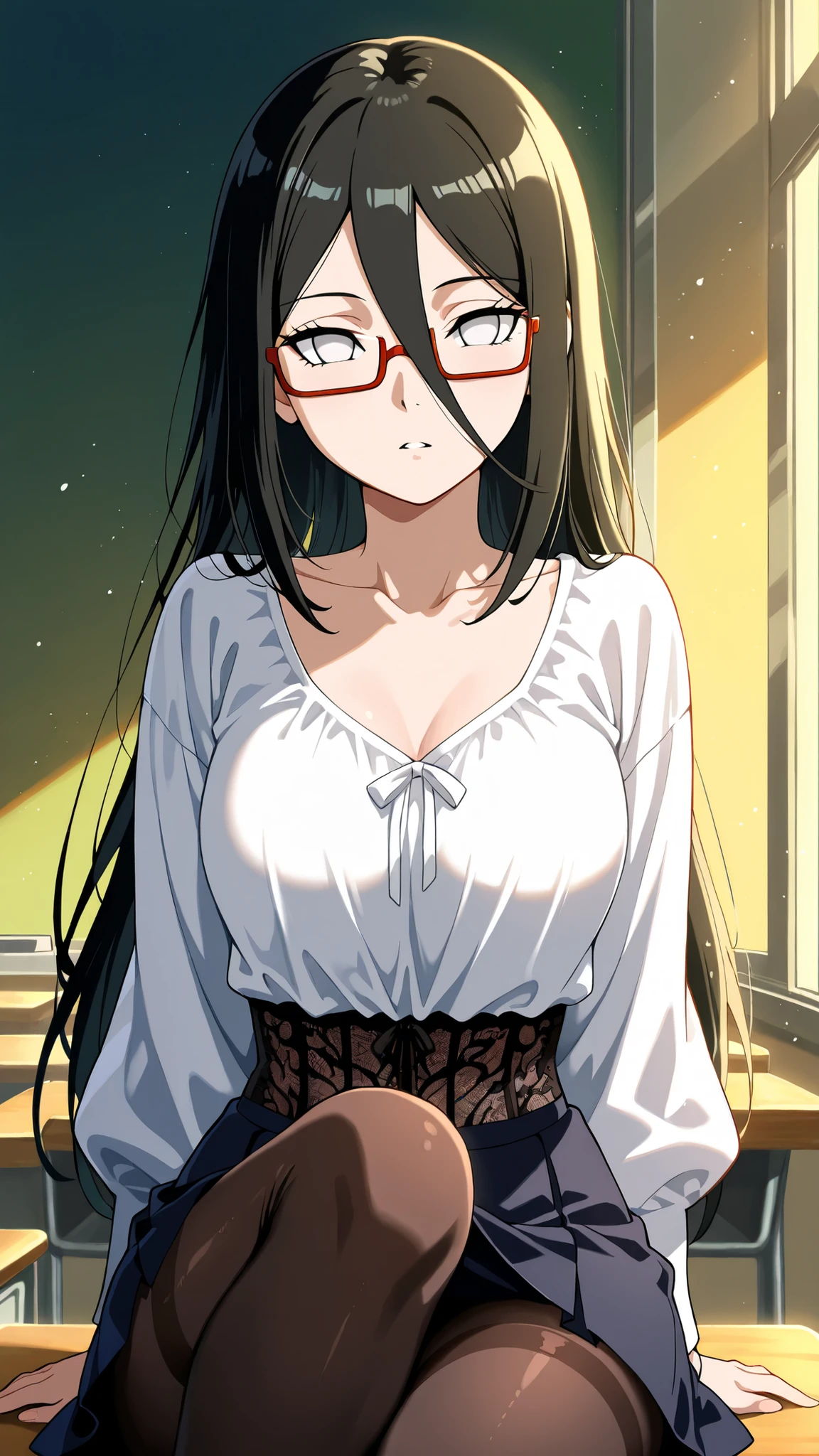 BREAK (masterpiece:1.2), best quality, high resolution, unity 8k wallpaper, (illustration:0.8),Anime-style classroom at night, moonlight shining through the windows, soft glow reflecting on empty desks, faint dust in the air, calm and slightly melancholic atmosphere, no people
, hanabi hyuuga, long hair, black hair, hair between eyes, white eyes, no pupils,tight-fitting blouse slightly open at the collarbone, lace corset peeking underneath,skirt just above the knee, sheer black stockings with subtle shine, hair in a messy bun, rectangular glasses catching moonlight, refined yet seductive atmosphere,looking at viewer,cowboy shot,seductive expression,