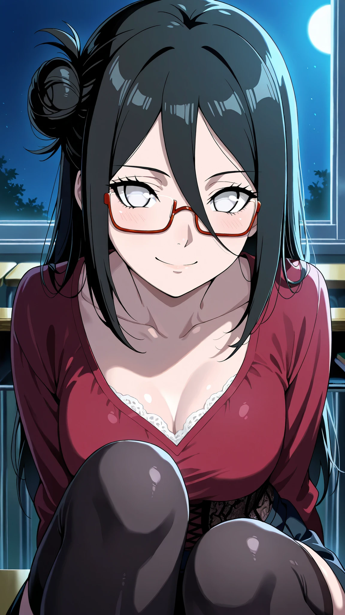 BREAK (masterpiece:1.2), best quality, high resolution, unity 8k wallpaper, (illustration:0.8),Anime-style classroom at night, moonlight shining through the windows, soft glow reflecting on empty desks, faint dust in the air, calm and slightly melancholic atmosphere, no people
, hanabi hyuuga, long hair, black hair, hair between eyes, white eyes, no pupils,tight-fitting blouse slightly open at the collarbone, lace corset peeking underneath,skirt just above the knee, sheer black stockings with subtle shine, hair in a messy bun, rectangular glasses catching moonlight, refined yet seductive atmosphere,looking at viewer,portrait shot,portrait,face close-up,naugthy face,smile,blushseductive expression,