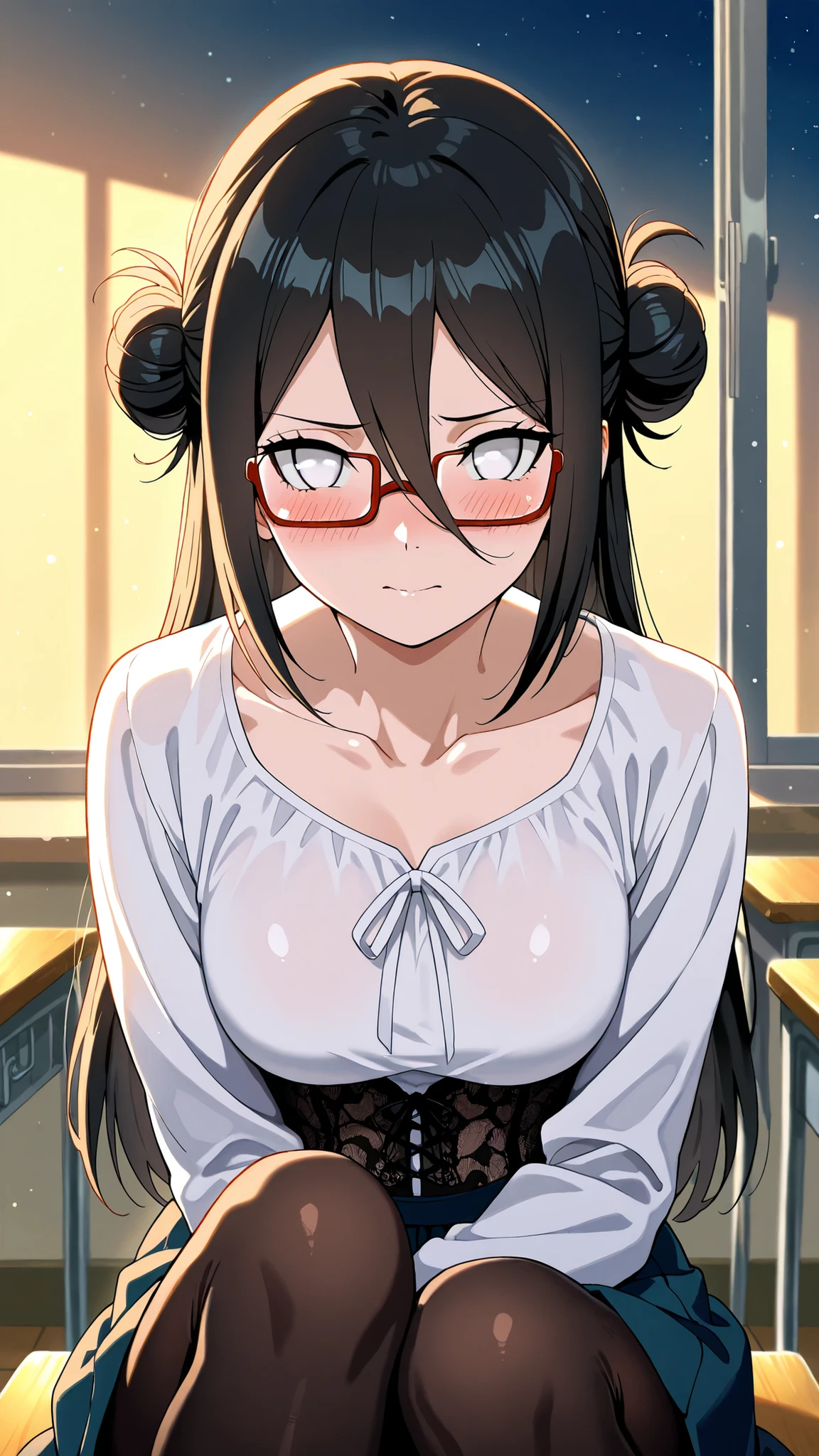 BREAK (masterpiece:1.2), best quality, high resolution, unity 8k wallpaper, (illustration:0.8),Anime-style classroom at night, moonlight shining through the windows, soft glow reflecting on empty desks, faint dust in the air, calm and slightly melancholic atmosphere, no people
, hanabi hyuuga, long hair, black hair, hair between eyes, white eyes, no pupils,tight-fitting blouse slightly open at the collarbone,white blouse, lace corset peeking underneath,skirt just above the knee, sheer black stockings with subtle shine, hair in a messy bun, rectangular glasses catching moonlight, refined yet seductive atmosphere,looking at viewer,portrait shot,portrait,face close-up,shy face,blush,seductive expression,