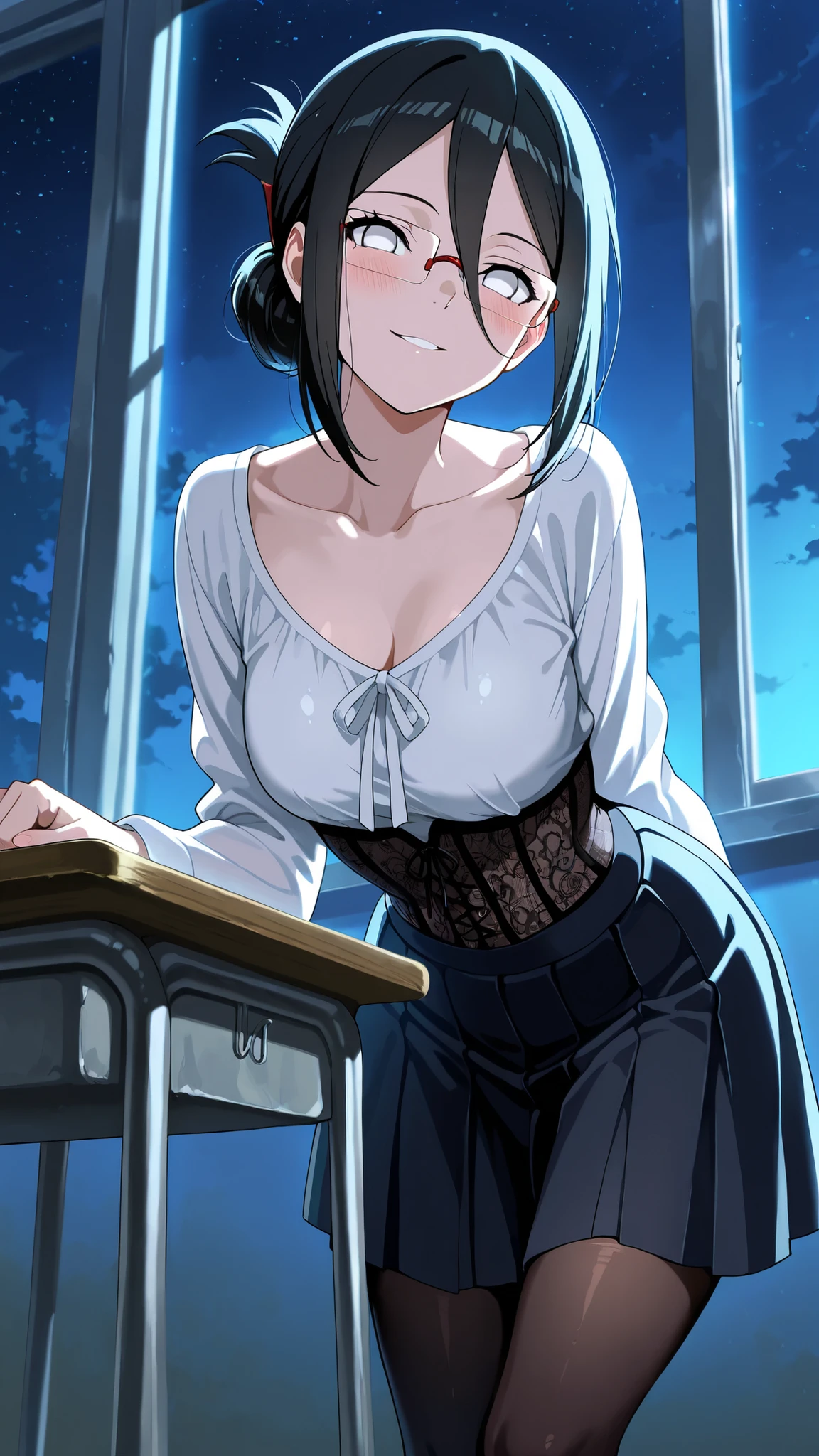 BREAK (masterpiece:1.2), best quality, high resolution, unity 8k wallpaper, (illustration:0.8),Anime-style classroom at night, moonlight shining through the windows, soft glow reflecting on empty desks, faint dust in the air, calm and slightly melancholic atmosphere, no people
, hanabi hyuuga, long hair, black hair, hair between eyes, white eyes, no pupils,tight-fitting blouse slightly open at the collarbone,medium breasts, lace corset peeking underneath,white blouse,skirt just above the knee, sheer black stockings with subtle shine, hair in a messy bun, rectangular glasses catching moonlight, refined yet seductive atmosphere,looking at viewer,cowboy shot,seductive expression,bent over,smile,blush