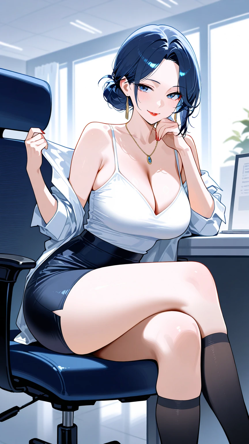 1girl, solo, yelan, anime, over 1, highly detailed background, (light grey background:1.0), (perfect hands:1.1), (perfect fingers:1.1), beautiful detailed green eyes, beautiful face, highly detailed face, beautiful detailed blue hair, black hair, short hair, eyebrows hidden by hair, multicolored hair, (very mature elegant expression, looking left:1.15), (sitting down, legs crossed elegantly:1.2), (side front body view:1.1), (close up:1.2), elegant pose, (mature blushing:1.15), (detailed unbuttoned loose white shirt:1.25), (detailed black short pencil skirt:1.25), (detailed sexy office black heels:1.25), jewelry, necklace, mature medium sized breasts, beautiful cleavage, masterpiece, best quality, highly detailed, absurdres, 8K, Extremely Realistic