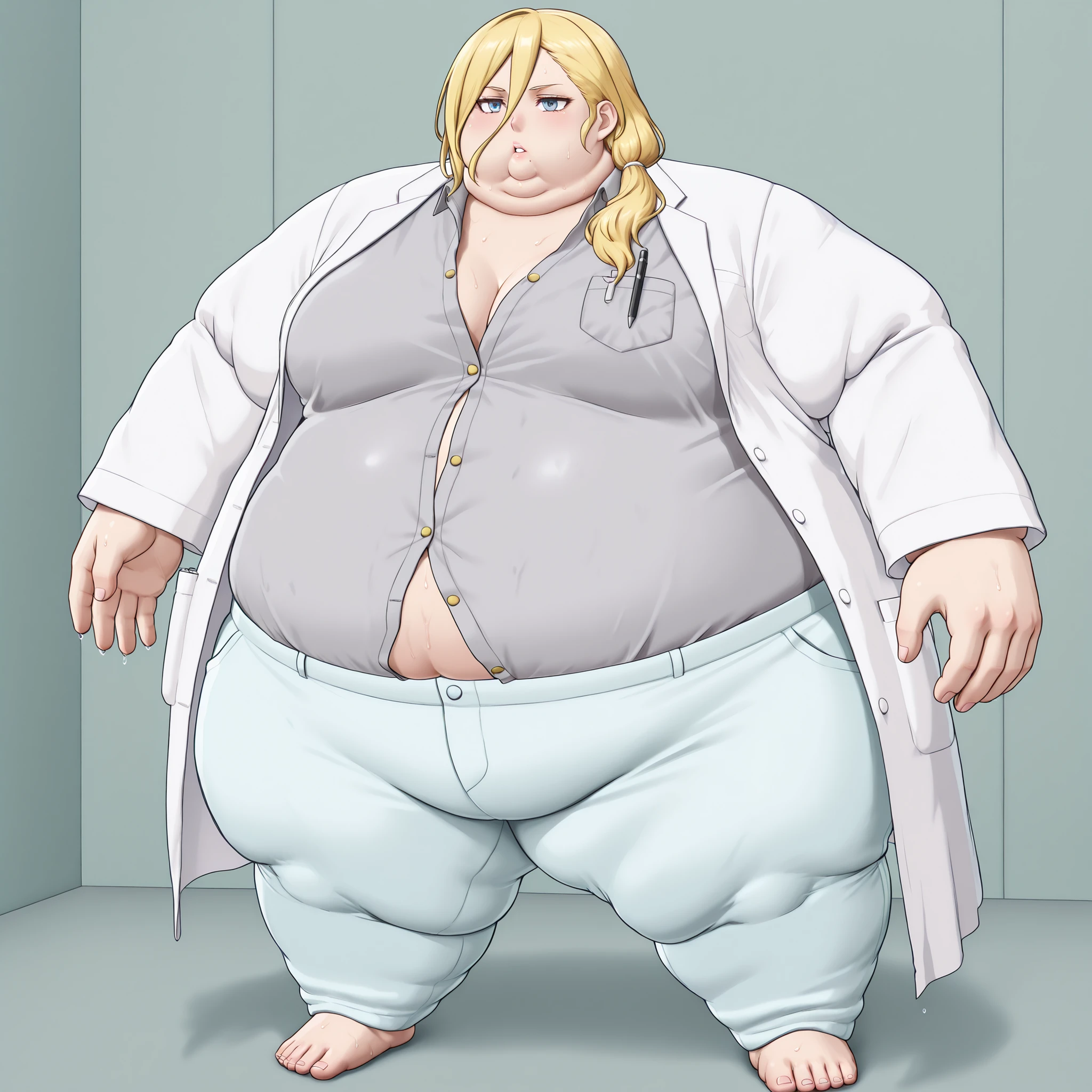 La_Monica
1girl, solo, blonde hair, long hair, side ponytail, hair between eyes, small breasts,
hair tie, white hair tie,
lab coat, white lab coat, shirt, gray shirt, shirt with golden buttons, unbuttoned shirt, light blue pants, chest pocket, pen in chest pocket, blank_stare, empty_stare,  fat, chubby, obese, gigantic arms and legs, large breasts, sweating, wet body, swollen face, Fat_neck , Fat head , eyes with crushed cheeks , nose with crushed cheeks , mouth with crushed cheeks , chin roll,
only head, large head, oversized limbs, large hands, large feet, oversized feet, oversized fingers, big lips, plump lips, fat face, fupa, big fupa, fat fupa, 