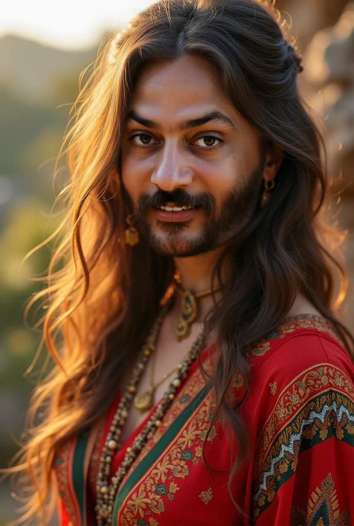 "A person resembling an Indian babaji, priest, rishi, monk, yogi, spritual guru, he looks like mixers of australoid and  race, indian aboriginal, indian, he has captured in a medium shot, sparks, glossy, dust particles, 3D look, sunshine, feathers, HD, flowers, Glowing hair, glossy eyes,((ultra realistic:1.8)),((Best quality)), ((Masterpiece)),((Detailed)),RAW, (Upper body shot:1.3),(Full body portrait:1.2)."