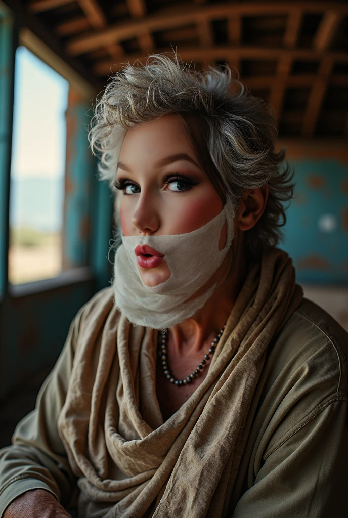 photo of a skinny very old wrinkly-faced faced mature blonde messy long hair thrown into a messy bun ponytail. She wears: (turtleneck soft high ribbed dark green super tight sweater:1.1),   pose, high tight ribbed neck,  smile, perfect fake tits,  eager granny, teasing sexy old lady, mouth retractor gag,  