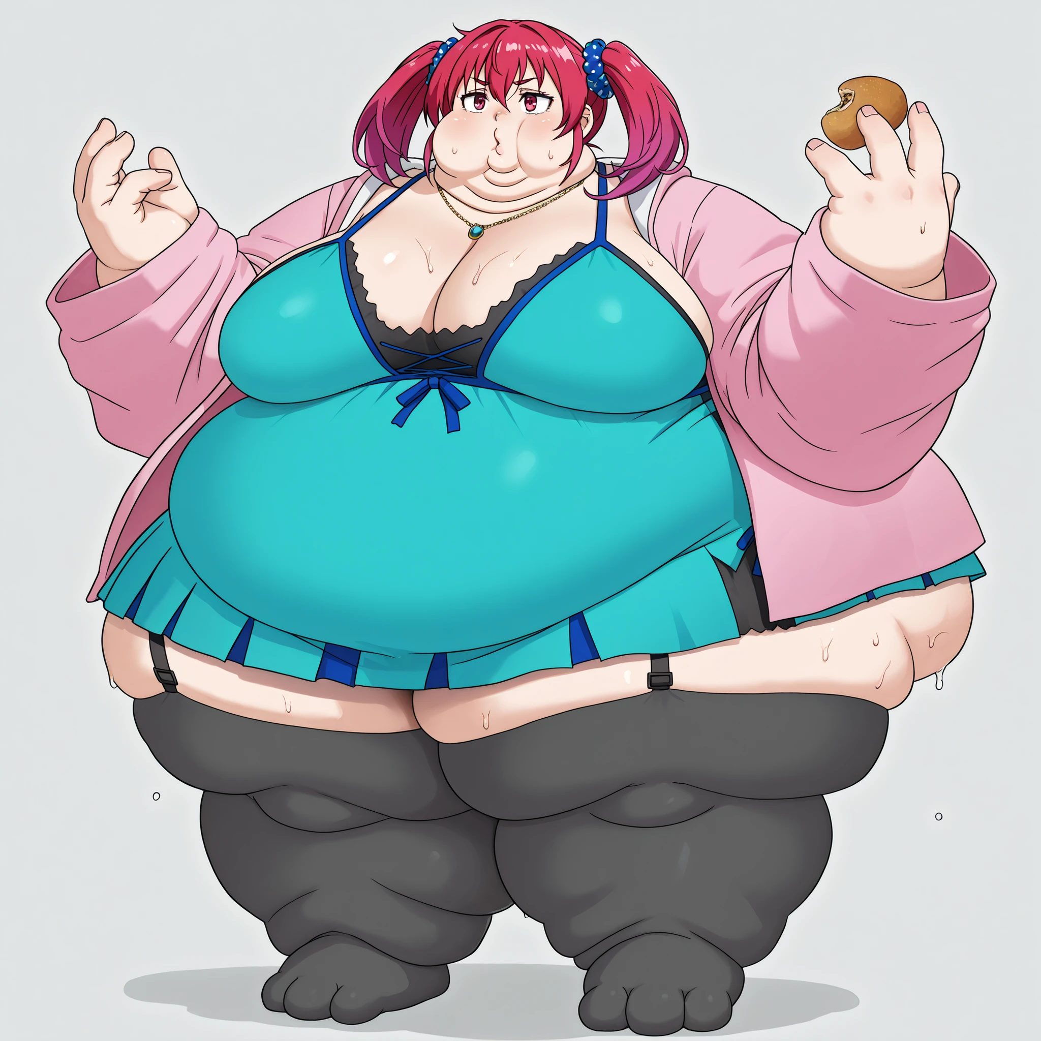 1girl digiNokia, magenta hair, twintails, scrunchie, necklace, teal dress, cleavage, pink jacket, short dress, garter straps, black thighhighs, blank_stare, empty_stare,  fat, chubby, obese, gigantic arms and legs, large breasts, sweating, wet body, swollen face, Fat_neck , Fat head , eyes with crushed cheeks , nose with crushed cheeks , mouth with crushed cheeks , chin roll,
only head, large head, oversized limbs, large hands, large feet, oversized feet, oversized fingers, big lips, plump lips, fat face, fupa, big fupa, fat fupa, 