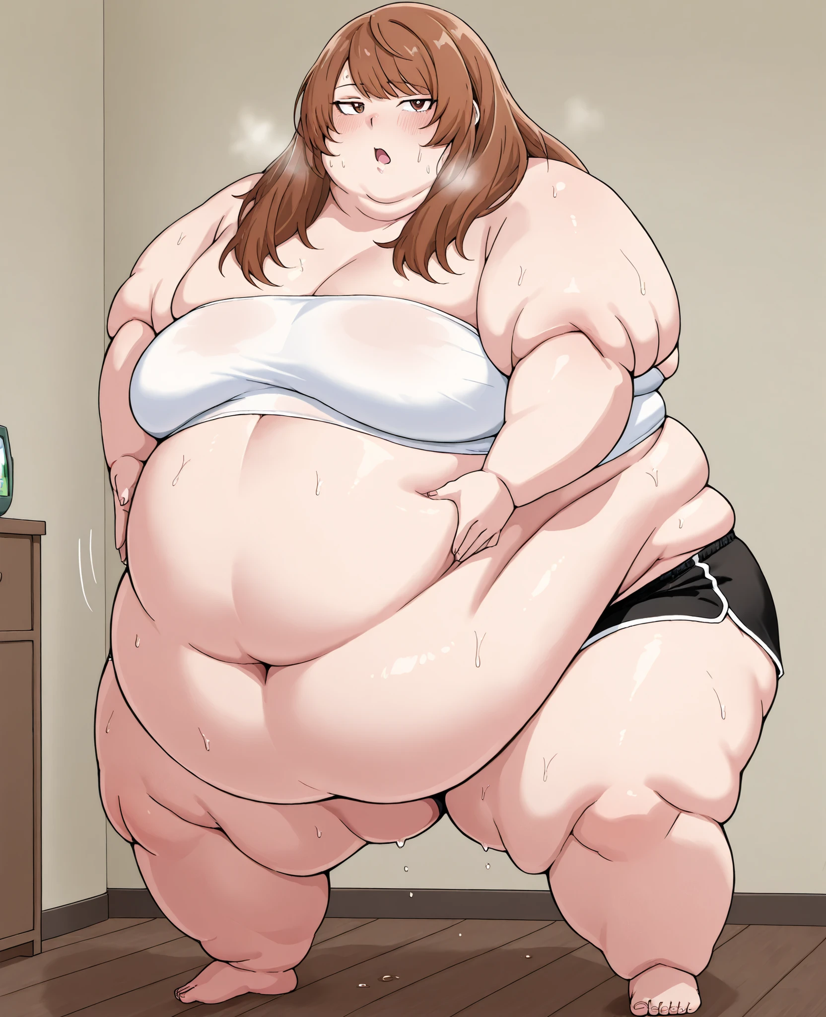 masterpiece, best quality, solo, 1girl, score_9, score_8_up,score_7_up BREAK, 1girl, solo, chubby, fat, very fat, obese, obese arms and legs, sloppy stomach, saggy round breasts, fat face, fupa, double chin, plump, thick thighs, thigh, morbidly obese, immobile, blush, sweaty, sweaty hair, blushing, KinuyoKa, brown eyes, brown hair, jitome, jitome eyes, bangs, hair over shoulders, swept trimmed bangs, KinuyoKa, brown eyes, brown hair, jitome, jitome eyes, bangs, hair over shoulders, swept trimmed bangs , tube top, midriff, dolphin shorts, open mouth sweating, full body shot, gigantic arms and legs, out of breath, standing, side view, looking at the viewer, swollen face, Fat_neck , Fat head , eyes with crushed cheeks , nose with crushed cheeks , mouth with crushed cheeks , chin roll, haigure pose, open hands, standing, spread legs