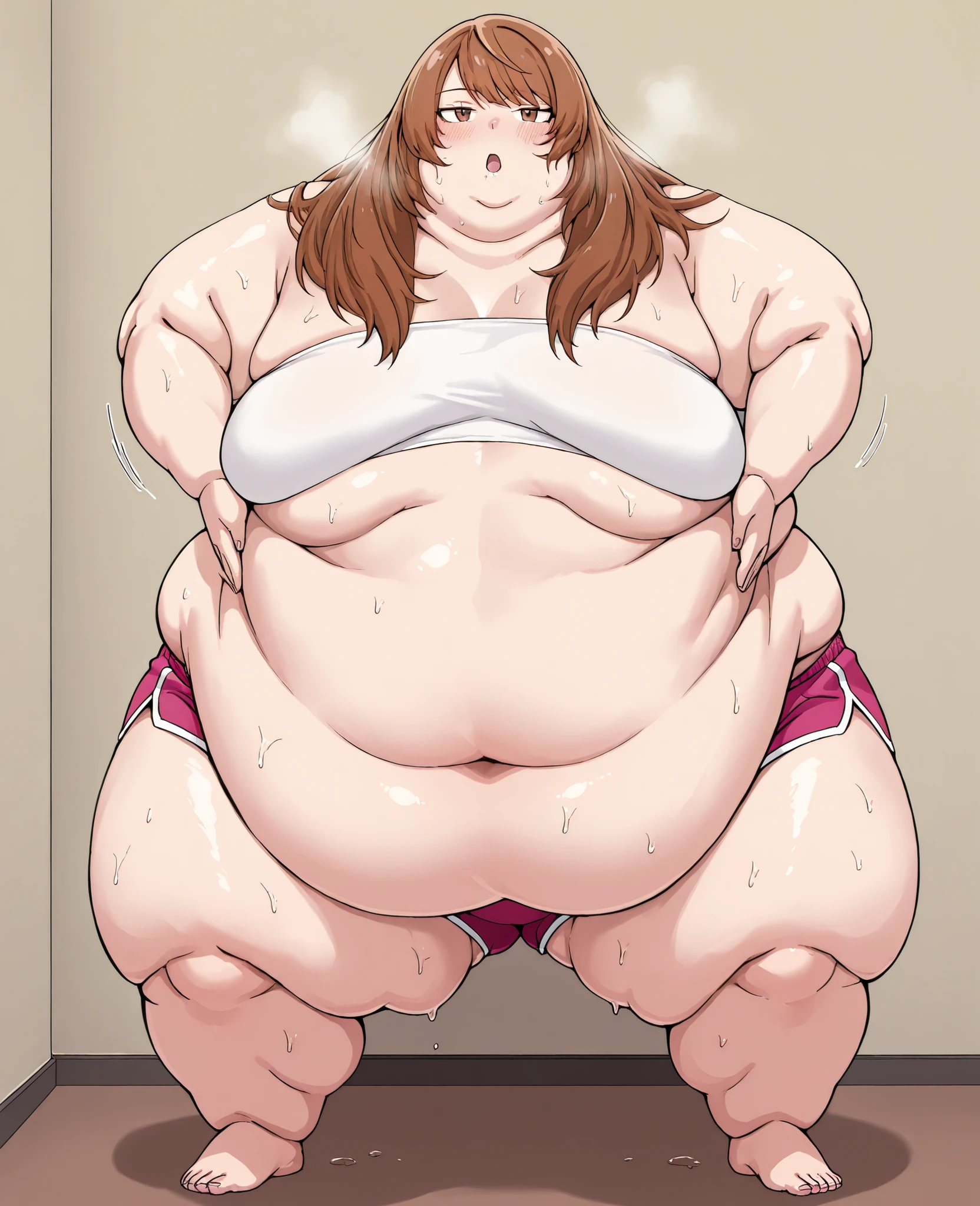 masterpiece, best quality, solo, 1girl, score_9, score_8_up,score_7_up BREAK, 1girl, solo, chubby, fat, very fat, obese, obese arms and legs, sloppy stomach, saggy round breasts, fat face, fupa, double chin, plump, thick thighs, thigh, morbidly obese, immobile, blush, sweaty, sweaty hair, blushing, KinuyoKa, brown eyes, brown hair, jitome, jitome eyes, bangs, hair over shoulders, swept trimmed bangs, KinuyoKa, brown eyes, brown hair, jitome, jitome eyes, bangs, hair over shoulders, swept trimmed bangs , tube top, midriff, dolphin shorts, open mouth sweating, full body shot, gigantic arms and legs, out of breath, standing, side view, looking at the viewer, swollen face, Fat_neck , Fat head , eyes with crushed cheeks , nose with crushed cheeks , mouth with crushed cheeks , chin roll, haigure pose, open hands, standing, spread legs