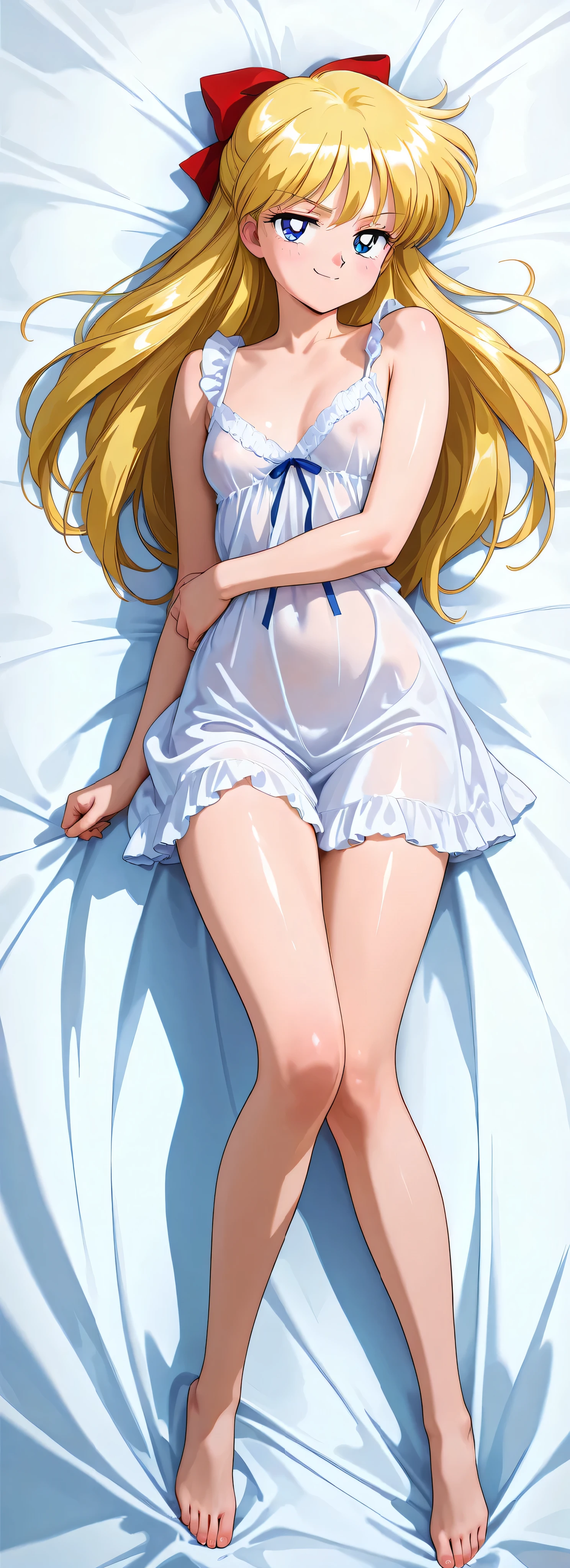 masterpiece, amazing quality, best quality, ultra-detailed, 8K, illustration, clear skin, ultra-detailed-eyes, soft skin, very awa, very as2, soft body, 1990s \(style\), official art, solo, adult girl, ainominako, blonde hair, blue eyes, hair bow, half updo, long hair, small breasts, white nightgown,smug, full body, simple white background, for Dakimakura on bed