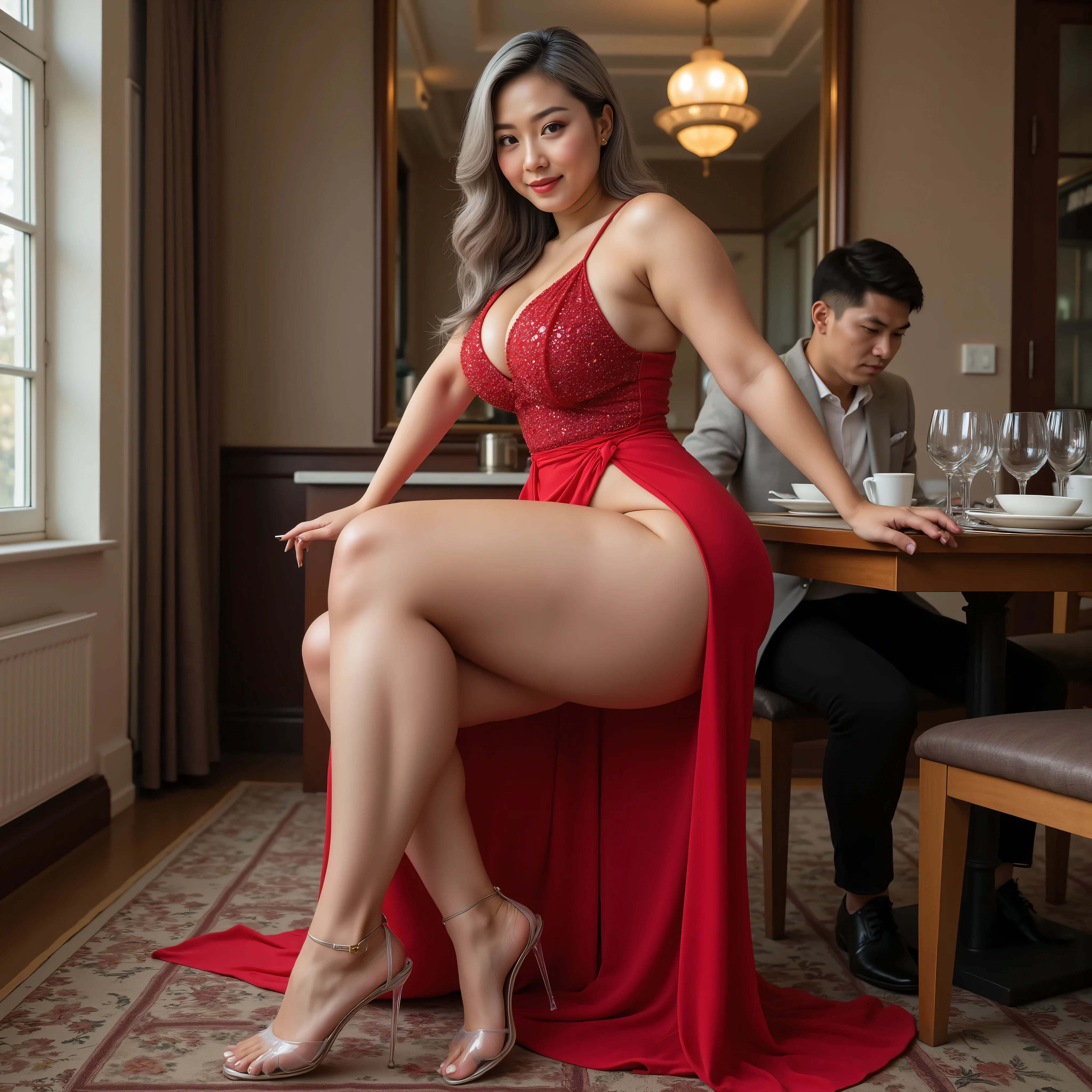 An Asian attractive mature woman with a provocative curvaceous body, is 60 years old and has a figure with prominent curves, a plump garter with perfect proportions curves, generous curves and plus-size, a body with an hourglass figure, her voluptuous wide hips harmonize with slender wasp waist, with wide legs and wide thighs well-shaped, and her butt in good shape, plump and shaped buttocks. She has characteristics typical of her age, slight wrinkles on her face and gray hair, long hair with an elegant vintage style hairstyle, has beautiful and fine facial features. She wear a revealing red sparkling gown and wears transparent glass heels. she was sitting seductively on chair with spreding out her groin, thighs, knees, feet and legs(all parts of her legs). She having a romantic dinner in a restaurant with her beloved 20 years old skinny son. she was gently stroking his head on her thighs with her hand . she is a bride for her skinny son. her skinny son in a casual suit and black hair, He was kneeling below her, and put his head on her thighs, He kiss her thighs passionately. She is captured is a modern hyperrealistic cinematic style, captured on a full body overview, with hyperrealistic details and good focus quality, anatomically correct.