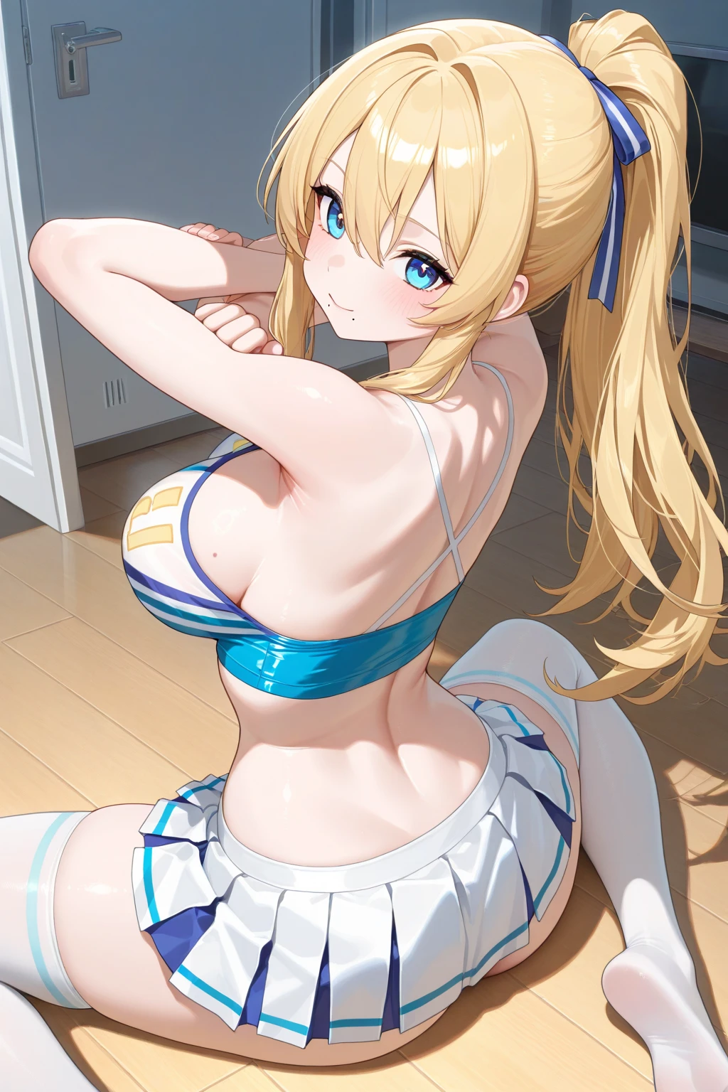 masterpiece, best quality, solo, curvy, beautiful eyes, <lora:MarieRoseIXL_v2:1.0>, zzMarie, blue eyes, blonde hair, hair ornament, hair ribbon, long hair, twintails, very long hair, x hair ornament,  one-piece swimsuit, blue one-piece swimsuit, black ribbon, frilled swimsuit, swimsuit, ribbon, frills, dead or alive, bare shoulders side view, ass, leaning forward, cowboy shot, smile, looking at viewer, shiny skin,