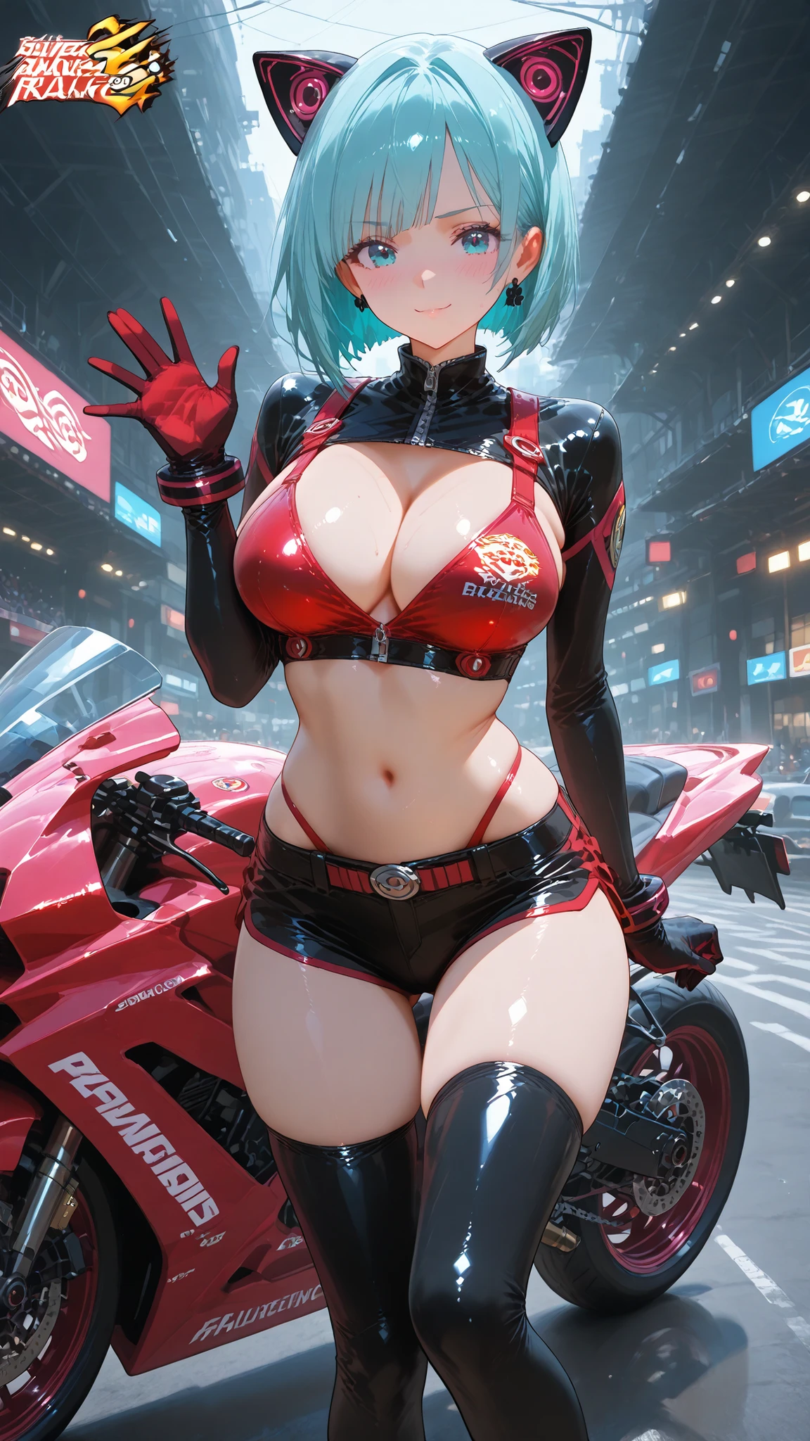 masterpiece, Super High Resolution,1 girl,very cute face,(bob hair),no hair ornament,Blush, light blue hair,Gloves,レーシングスーツ with bold racing graphics and sponsor-style lettering,low-rise shorts,Latex knee-high socks,cleavage,provocative and sexy pose,Cat ears,motor show,has a metallic sports bike on the background,Futuristic custom bike,will be lit up,fantastic light