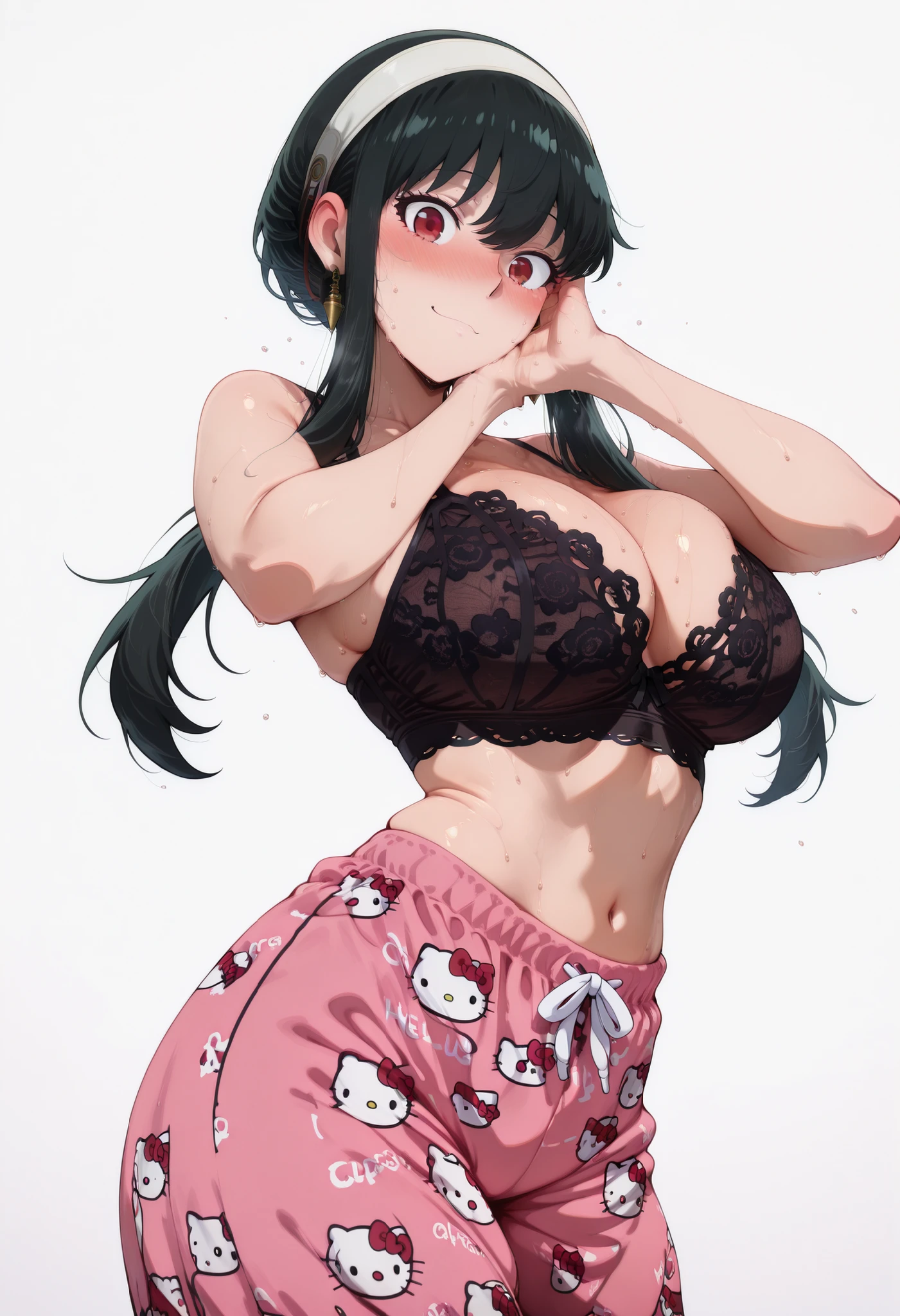 score_9, score_8_up, score_7_up, score_6_up, score_5_up, score_4_up, masterpiece, high quality, yor briar, black hair, red eyes, earrings, white hairband, hairband, long hair, sidelocks, large breasts, shiny skin, shiny hair, shiny body, clear body, large breasts, nose blush, sweat, sweaty, sweaty:1.3,, standing, nice legs,, looking at viewer, thick thigh, thick thighs, nice face, solo, opaque clothes, cowboy shot, nice legs, DYNAMIC POse, , solo, large breasts, thick thigh, dynamic pose, navel ,midriff,,, LOOKING AT VIEWER, WHITE BACKGROUND, EMPTY BACKGROUND, soft smile,, DYNAMIC POSE, sheer black lace lingerie bra, hello kitty pajama pants,pink/pants,hello kitty pajama pants, pink/pants,, hello kitty pajama pants,pink/pants,hello kitty pajama pants, pink/pants,, hello kitty pajama pants,pink/pants,hello kitty pajama pants, pink/pants, big ass, one hand behind on her, one hand on face, black lace crop top