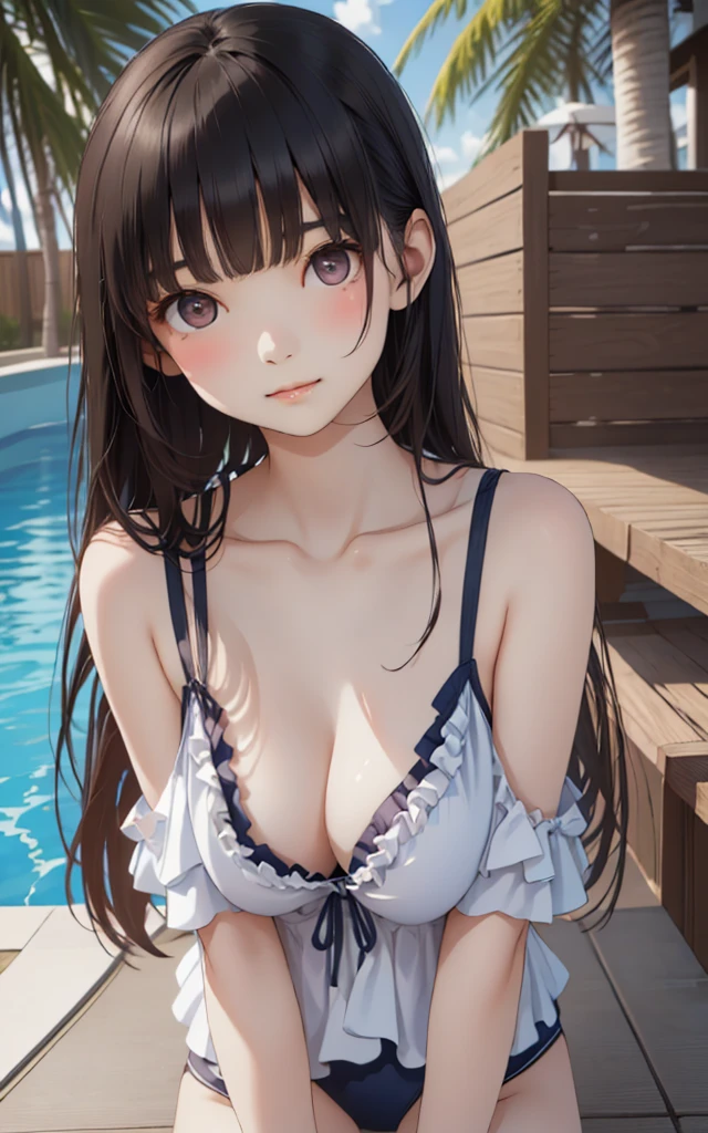 masterpiece, best quality, extremely detailed CG unity 8k wallpaper, ピンク色のクリスタルSwimwear, 赤色のクリスタルSwimwear, sunny, blue sky, Outdoor, 斬新なデザインのSwimwear, 色とりどりのSwimwear, Polka dot pattern, Floral,(Tabletop.Highest quality).(Cowboy Shot). (Amazingly detailed CG paintings),(Perfect Image)、smile, smile, Comic Strip.shape.Two Girls, Detailed face、Perfect Face.Delicate face、Textured skin、Colorful hair colors, Cat ear girl、((Beautiful Blue Eyes)).Delicate and beautiful eyes、The eyes are detailed、Reflective Eyes、Watery eye、smile.(Gazing at the audience:1.3).(My face got a little red:0.8)、8k wallpaper、(((Cowboy Shot)))、reflected light、Attention to detail、Complex、Delicate background、Textured skin、Detailed skin、Swimwear, ((カラフルなSwimwear)), リアリスティックなSwimwear, 質感のあるSwimwear, 超高精細なSwimwear, Realistic swimming pool, Realistic Ocean, ribbon, Floral, Aloha pattern, One Shoulder, カラフルなSwimwear, クリスタルなSwimwear, Lens flare