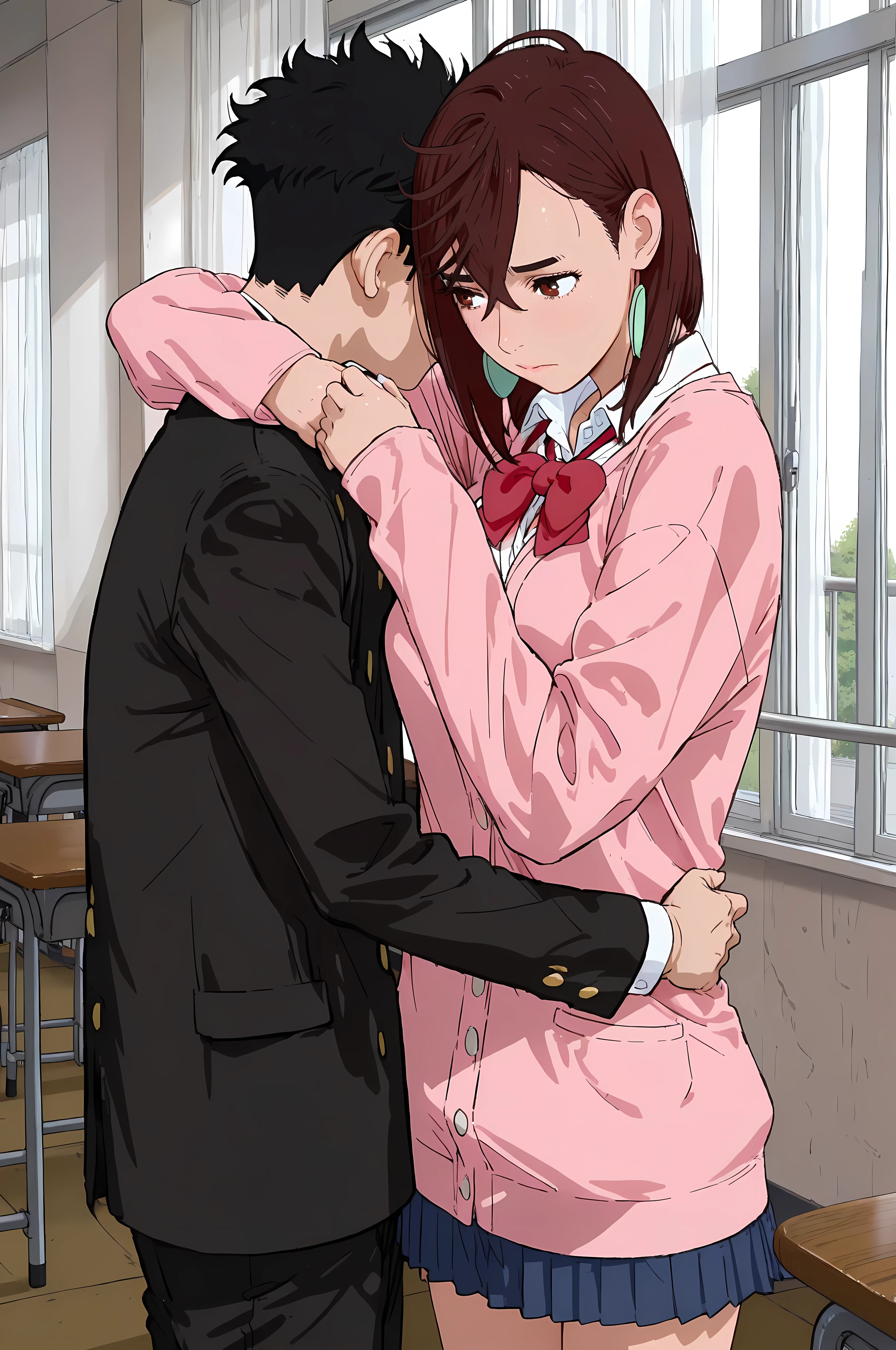 (masterpiece,best quality:1.2,amazing quality,very aesthetic, absurdres, newest),(anime coloring), dandadan style ,gakuran,black hair (takakura ken ,Ayase Momo, Dandadan ),1boy and 1girl,hug,(ideal ratio body proportions:1.2),(slender body,skinny), medium breasts,brown medium hair,big eyes,brown eyes,shy, chocker, red bowtie, , pink cardigan, long cardigan, long sleeves, blue skirt, pleated skirt, school uniform,.collared shirt, white shirt,shiny skin, standing,classroom,high school,daytime,