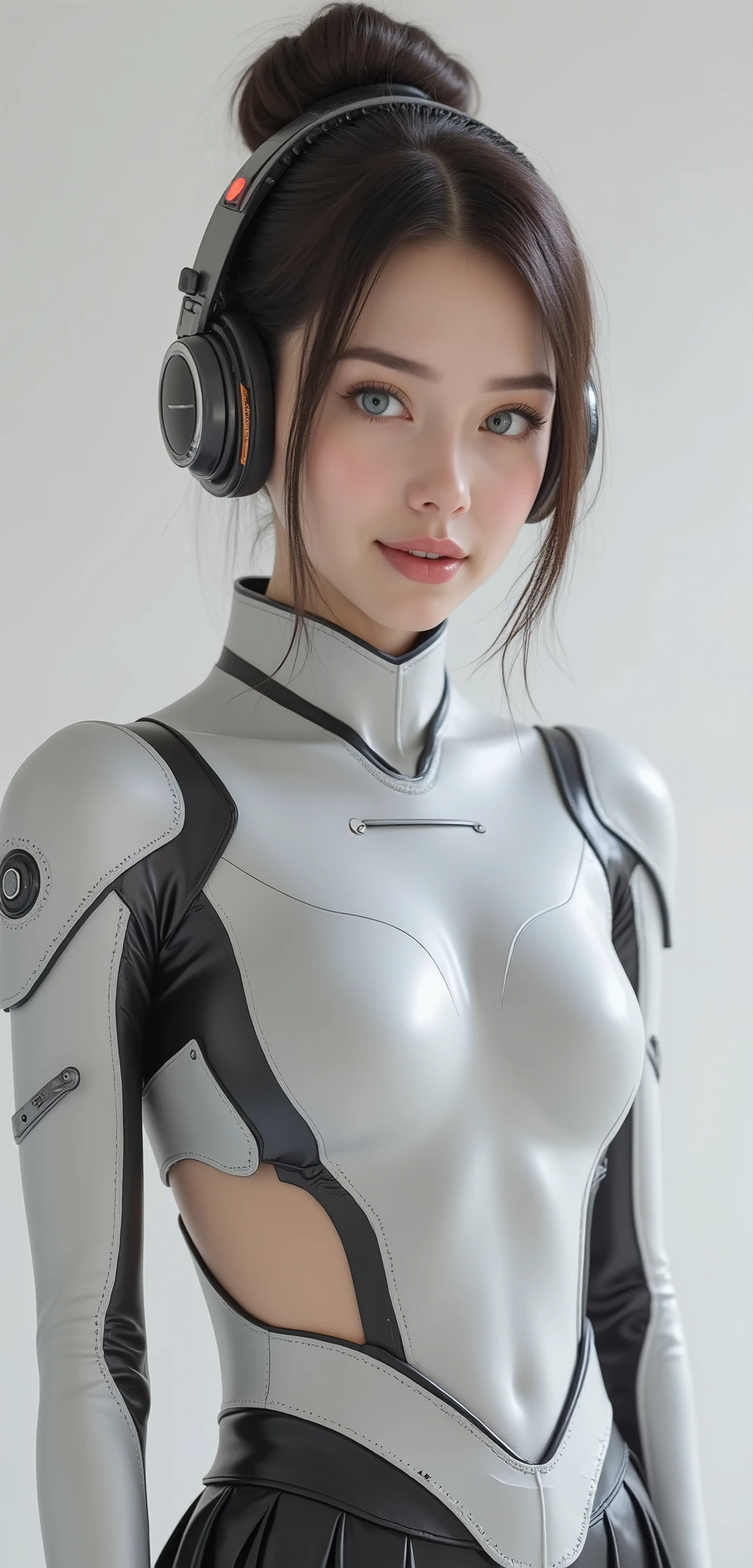 ((NSFW:0.05)),(((hyperrealistic photography:2))),((tender girl with tender and flirtatious look:2)),((realistic face:1.8)),((((The woman looks tender and flirtatious with German features:2)))),((very pretty and girl sensual girl with hair up)),((eyes are blue-green)),dressed in a futuristic neoprene and carbon fiber suit,((without neckline)),((without showing the skin from the neck down)),white background without shadows,white and blurred background,the clothing has cybernetic elements of carbon fiber shoulder pads with chrome edge and details in dark gray and black chrome,((girl with a very tender and cute face)),The young woman has a tender and flirtatious look, with dark hair in a bun hairstyle:2,(full neoprene bodysuit:2),(((The bodysuit has large and translucent symmetrical sections at the hips:2)),(((black leather pleated skirt at the knees:2)),((long black latex and neoprene stockings:2)),(partial black latex gloves with copper details and black chrome plastic),(((big and beautiful smile:2))),(futuristic headphones with lights and cables that connect the headphones to the girl's back:2),((long and athletic legs with black thigh-high boots:2)),((neoprene stockings under the skirt:2)),(without showing the skin from the neck down:1.9),(tender and flirtatious look:2),(the headphones have a partially transparent plastic bezel and digital elements),((stylish costume from the movie "TRON LEGACY":1.4)), (((beautiful smile with perfect teeth:2))),(((beautiful and small breasts:2))),(((small breasts flattened by tight clothing:2))),(((breasts with little projection but with well-defined nipples:2))),((big butt:1.9)),((big hips:1.7)),((thick and athletic legs:1.8)),futuristic dark gray and black elements on the leather boots black,((varied posture but always looking at the camera:2)),((knee-up framing:2)).