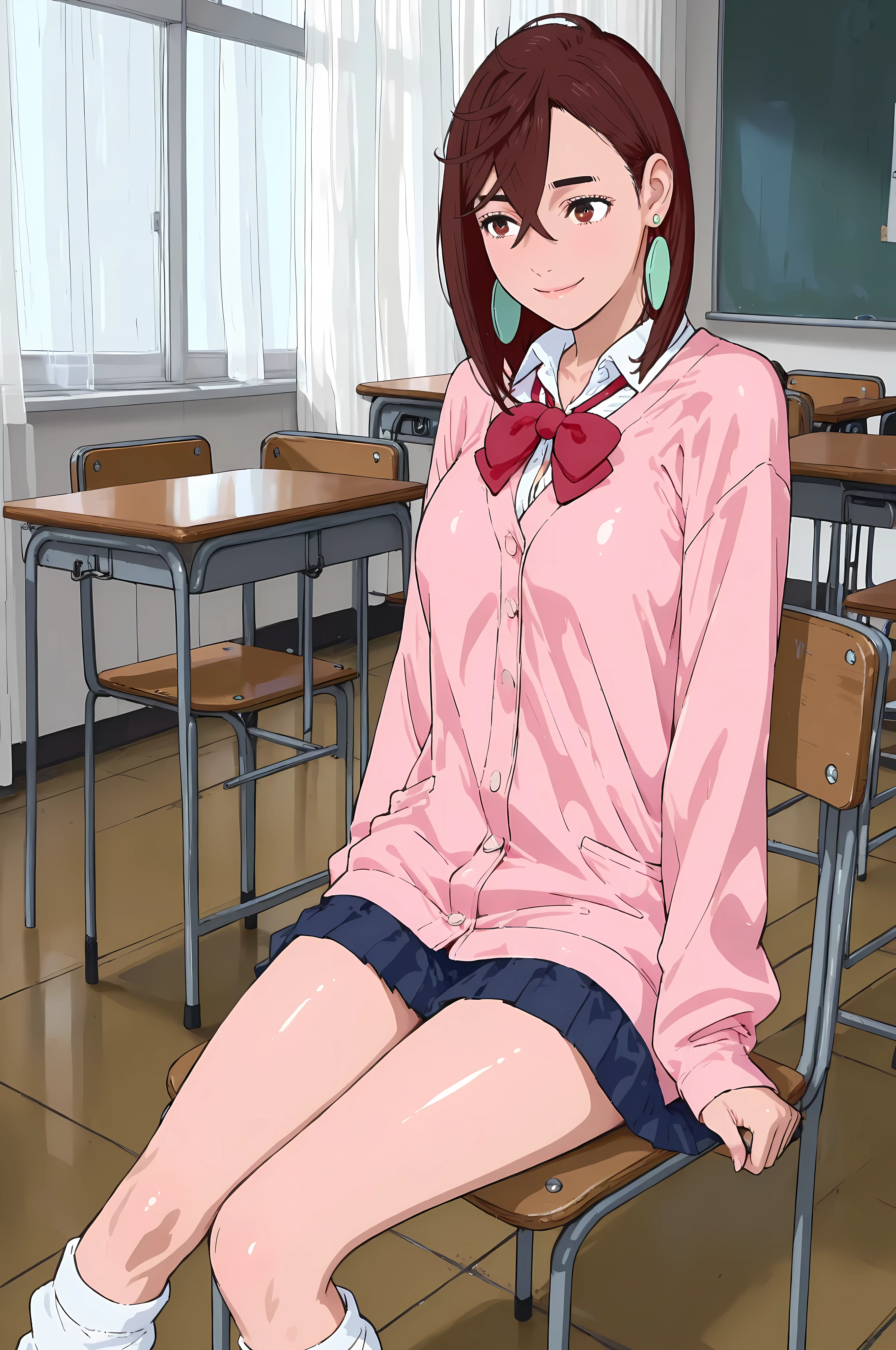 (masterpiece,best quality:1.2,amazing quality,very aesthetic, absurdres, newest),(anime coloring), dandadan style ,(Ayase Momo, Dandadan ),1girl,solo,(ideal ratio body proportions:1.2),(slender body,skinny), medium breasts,brown medium hair,big eyes,brown eyes,smile, chocker, red bowtie, , pink cardigan, long cardigan, long sleeves, blue skirt, pleated skirt, school uniform, earrings, collared shirt, white shirt,shiny skin,sitting,loose socks,white shoes,chair,desk,classroom,high school,daytime,