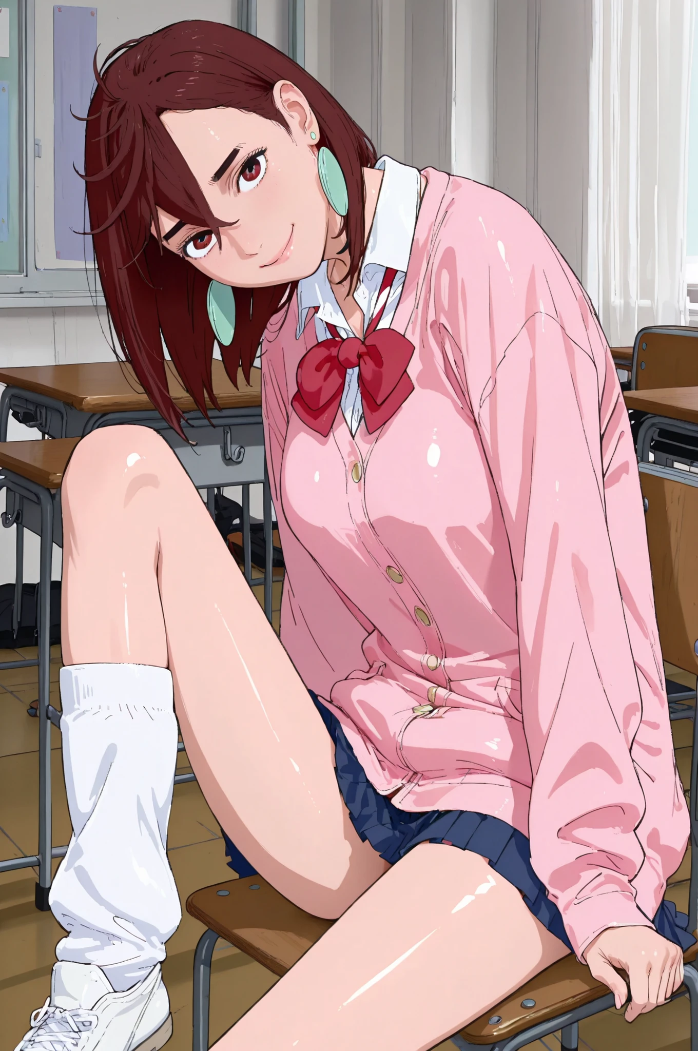 (masterpiece,best quality:1.2,amazing quality,very aesthetic, absurdres, newest),(anime coloring), dandadan style ,(Ayase Momo, Dandadan ),1girl,solo,(ideal ratio body proportions:1.2),(slender body,skinny), medium breasts,brown medium hair,big eyes,brown eyes,smile, chocker, red bowtie, , pink cardigan, long cardigan, long sleeves, blue skirt, pleated skirt, school uniform, earrings, collared shirt, white shirt,shiny skin,sitting,knee up,loose socks,white shoes,chair,desk,classroom,high school,daytime,