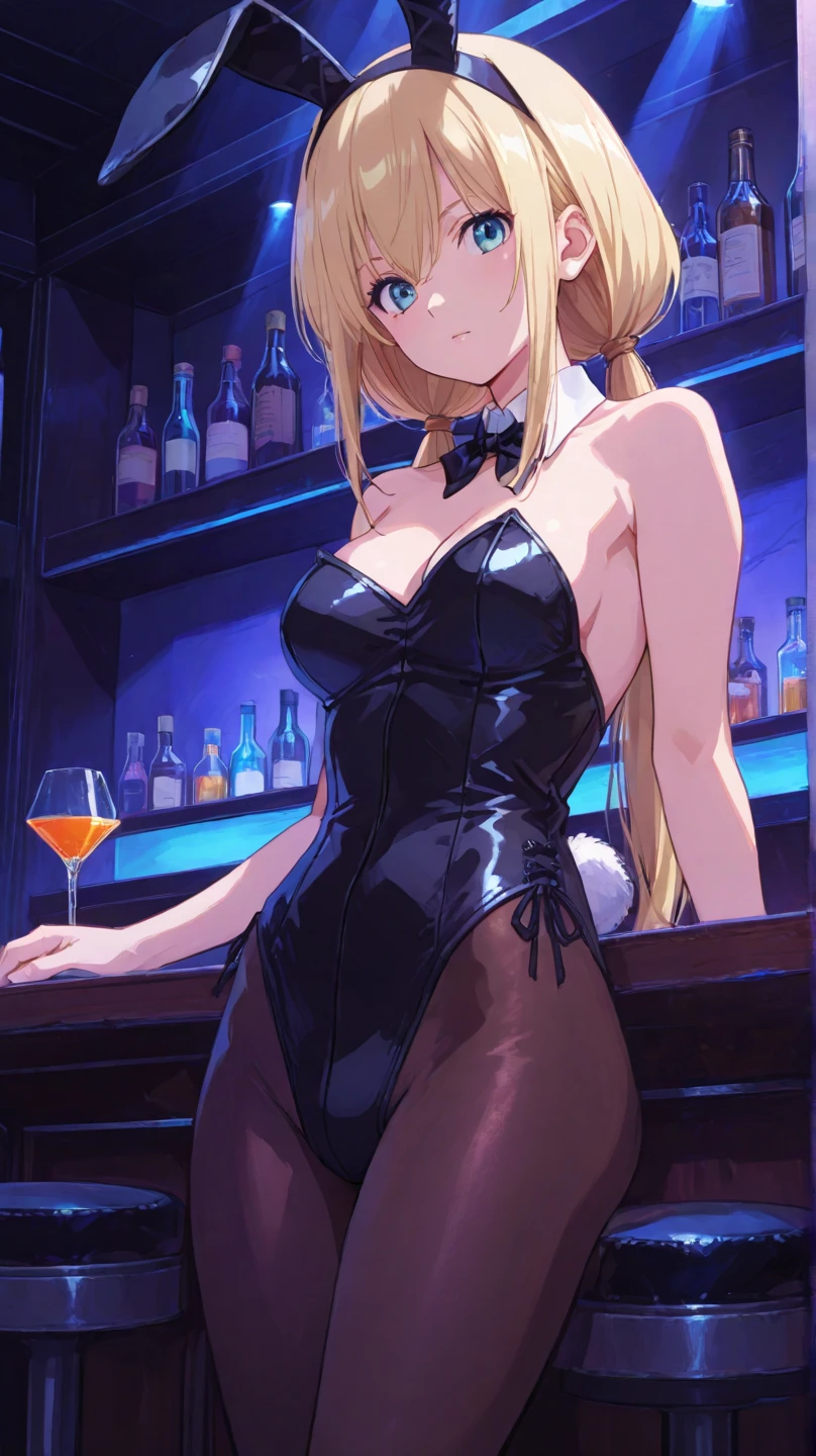 (masterpiece), (best quality), (detailed), light layer, 1solo girl, young girl, perfect body, blonde hair, defined ?????, defined collarbone, ultra realistic, photorealistic, detailed, ,Enhance, wearing abunny outfir, fisnet stocking, bunny ears, nightclub background, smiling, sittiing on a stool in the bar
