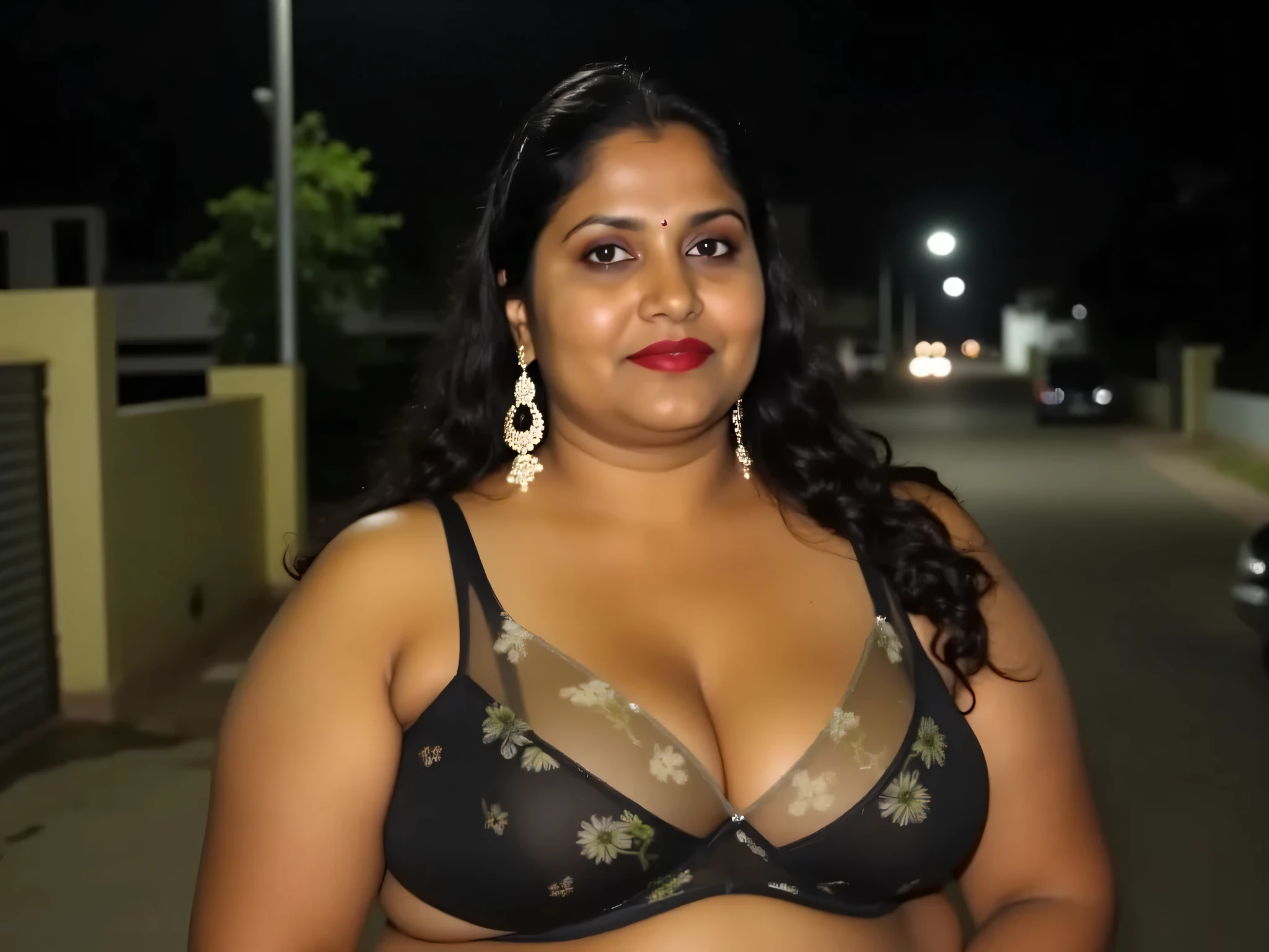 A thick voluptuous plus size and mature beautiful Bangladeshi married woman.bride. Bombshell.slightly swidewards pose of the body
sexy face.big lips glossy.nose pin.Her hair is medium curly.bhabhi. . Busty, huge boob.Black eye kajal making her eyes look bold and mean.Big cheekbones .tan skin..she wears a tight thin thong black floral bra with thin strapsi with subtle patterns. only.Her big belly and navel visible.The image should focus on the richness of the fabric’s texture and he
r curves, the dynamic draping style, facing towards camera body slightly sidewards.Focusing on her, natural balanced light falling on her body emphasing on her curves.too view camera. Night street backgroud